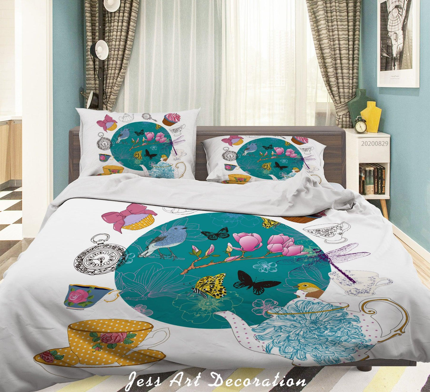 3D Abstract Hand Draw Cartoon Teapot Teacup Butterfly Pattern Quilt Cover Set Bedding Set Duvet Cover Pillowcases WJ 3581