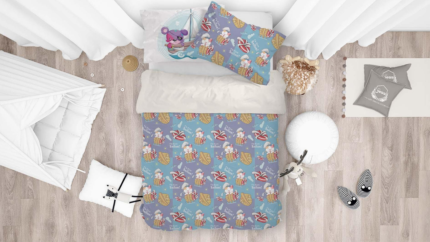 3D Blue Cartoon Cat Sailor Boat Quilt Cover Set Bedding Set Pillowcases 45