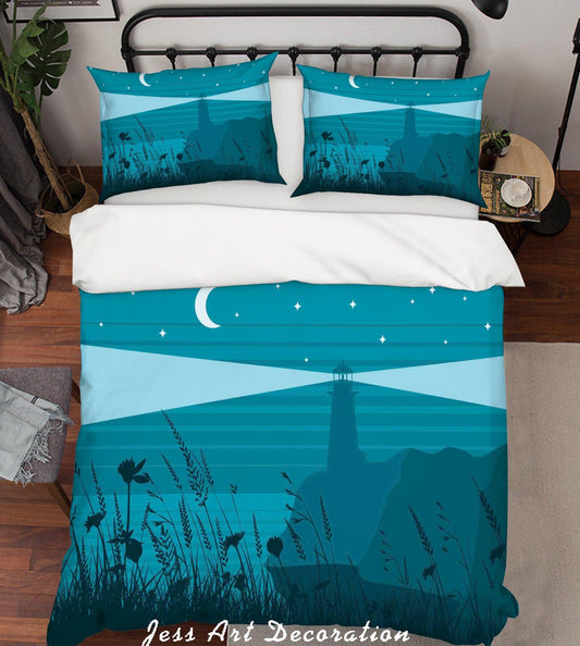 3D Blue Moon Star Lighthouse Plants Flower Quilt Cover Set Bedding Set Pillowcases 28