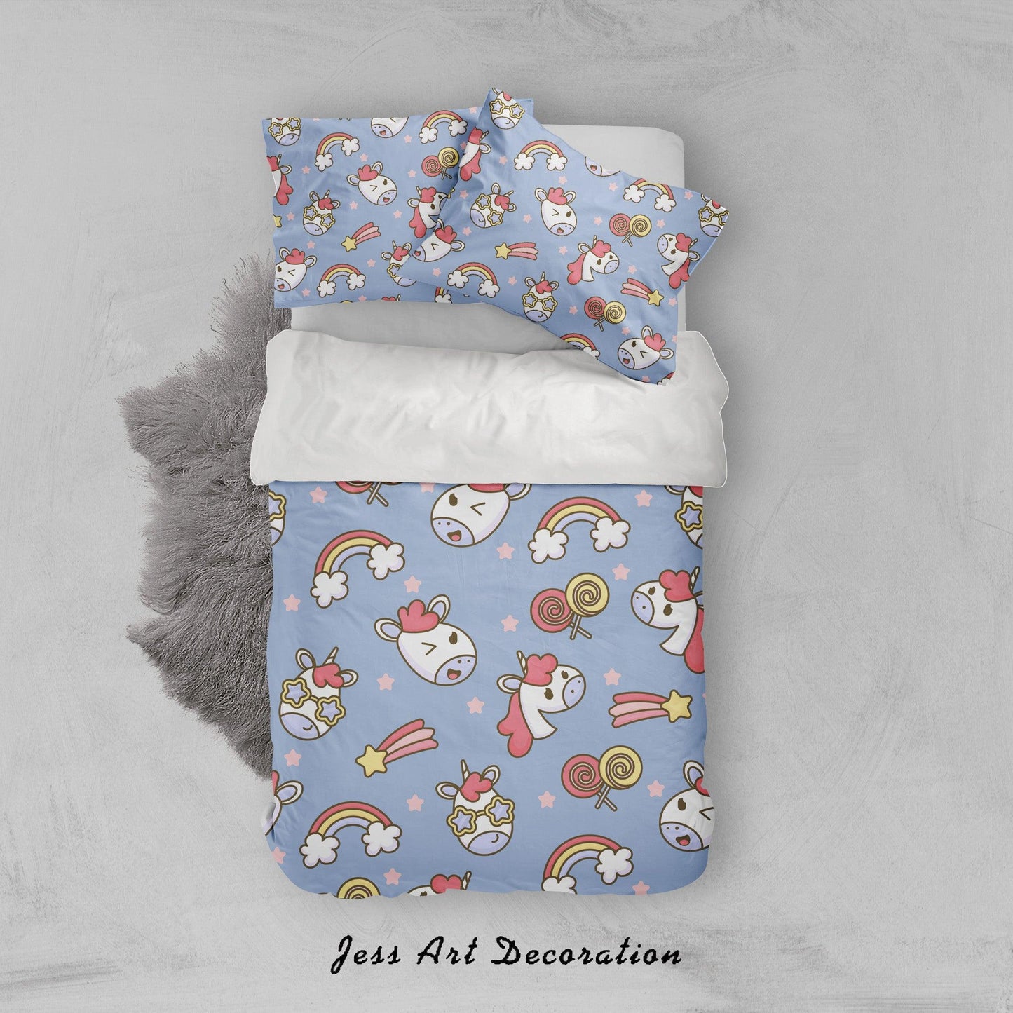 3D Blue Unicorn Rainbow Star Quilt Cover Set Bedding Set Pillowcases 40