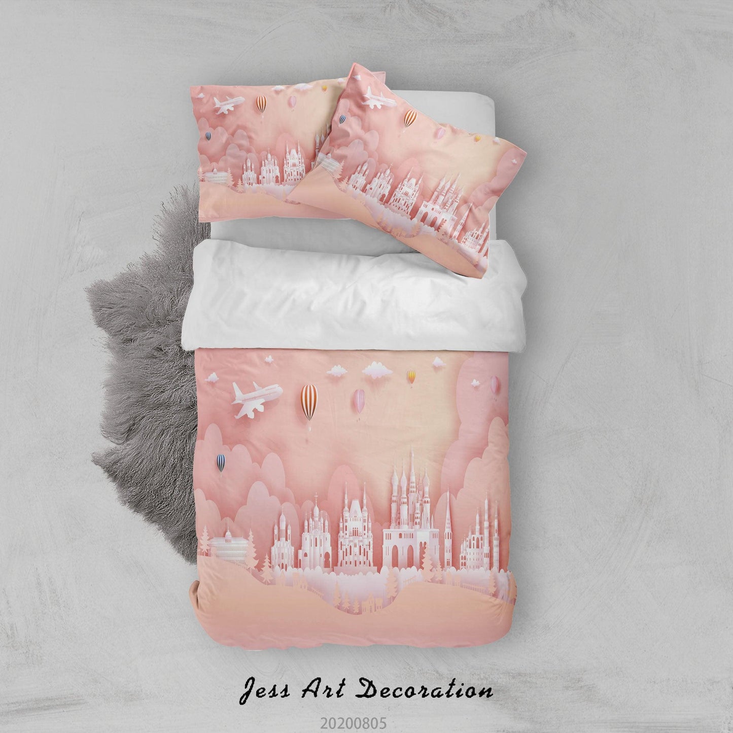3D Cartoon Pink Castle Airplane Balloon Quilt Cover Set Bedding Set Duvet Cover Pillowcases LXL 75
