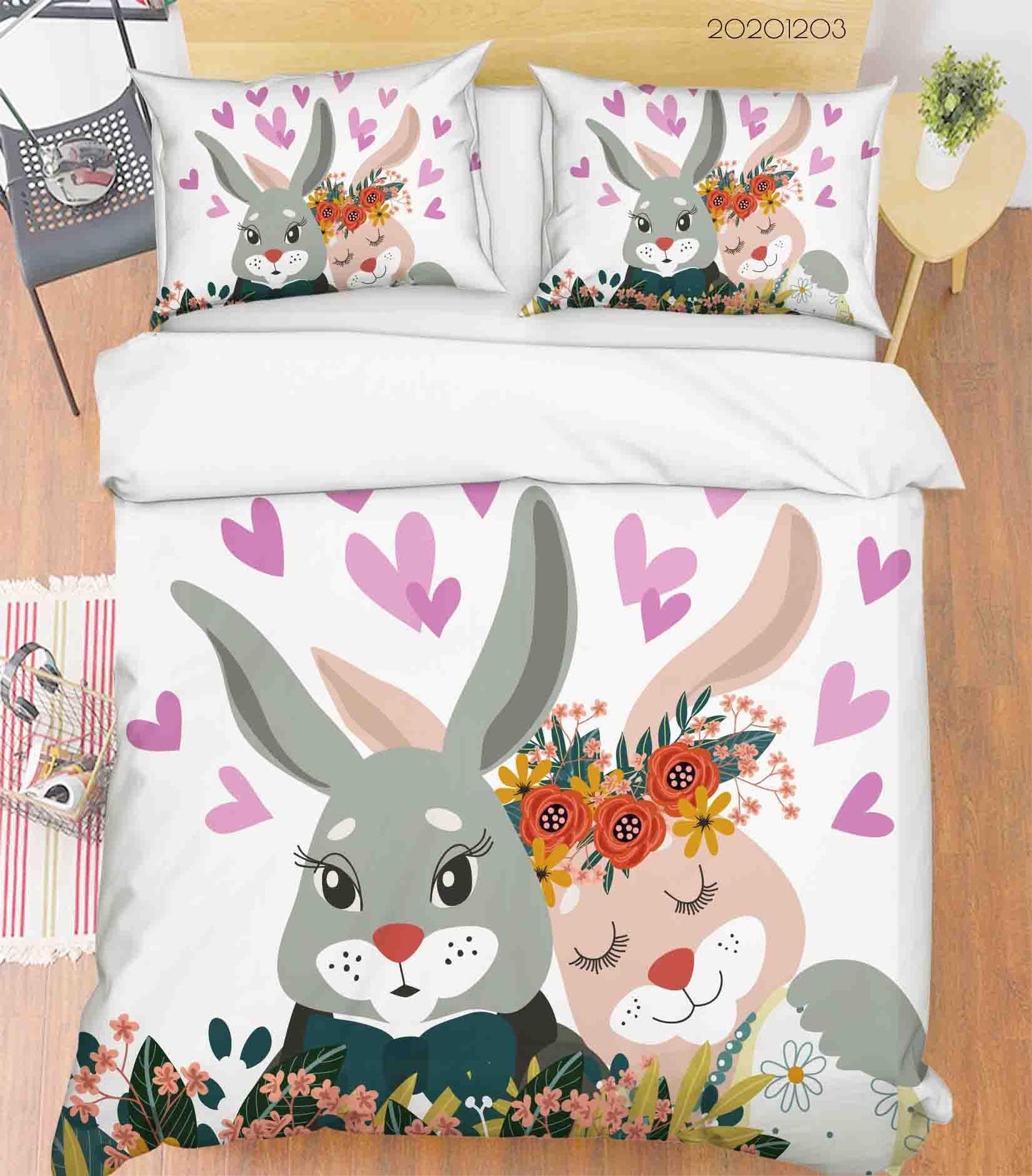 3D Cartoon Hand Drawn Bunny Couple Animal Floral Plant Heart Quilt Cover Set Bedding Set Duvet Cover Pillowcases LXL
