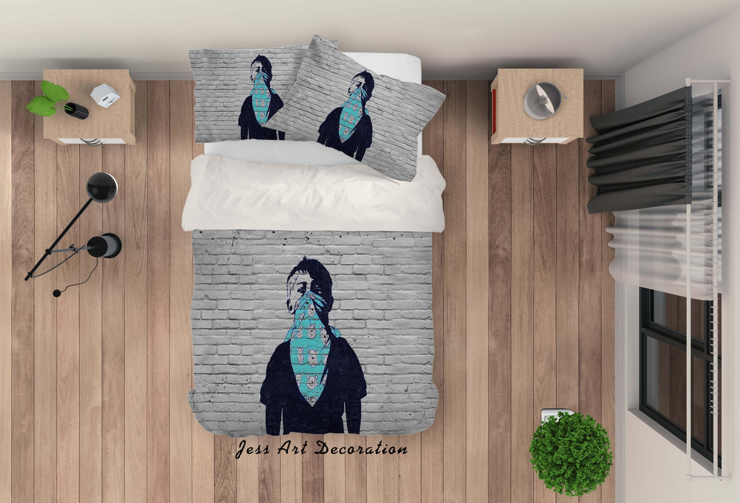 3D Banksy Mural Boy Blue Scarf Bear Pattern Quilt Cover Set Bedding Set Duvet Cover Pillowcases  ZY D115