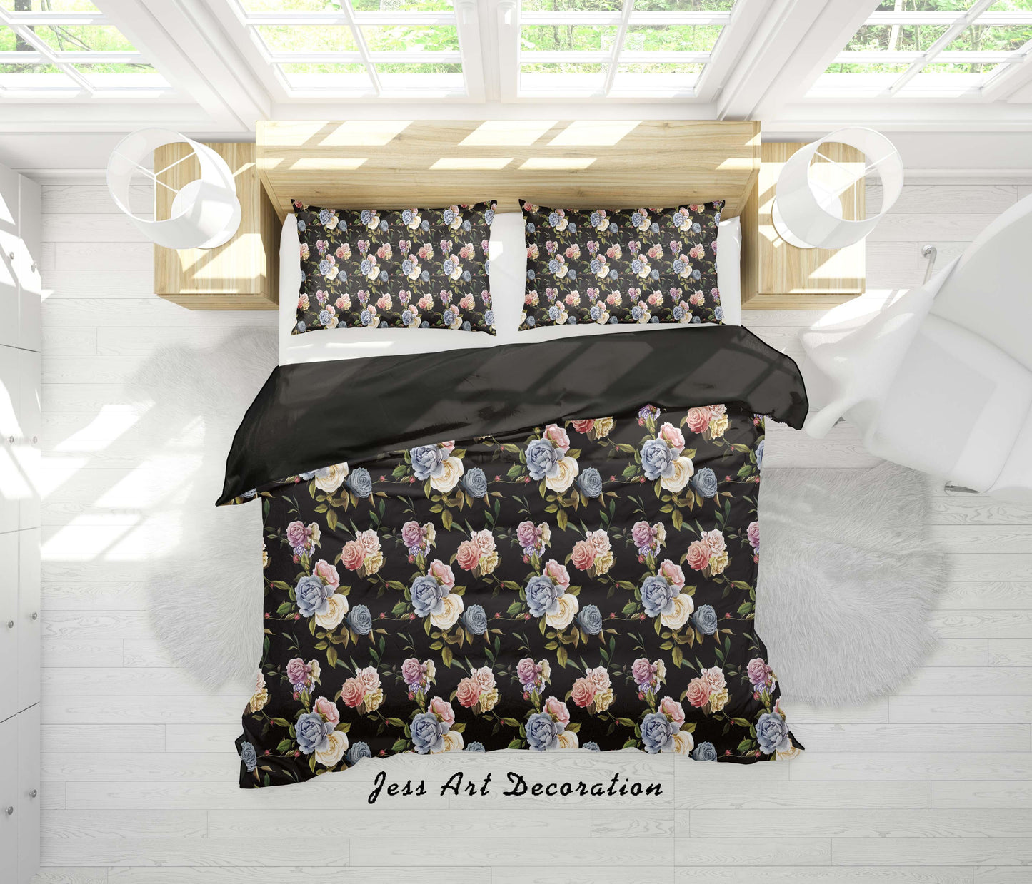 3D Black Flowers Quilt Cover Set Bedding Set Duvet Cover Pillowcases SF08
