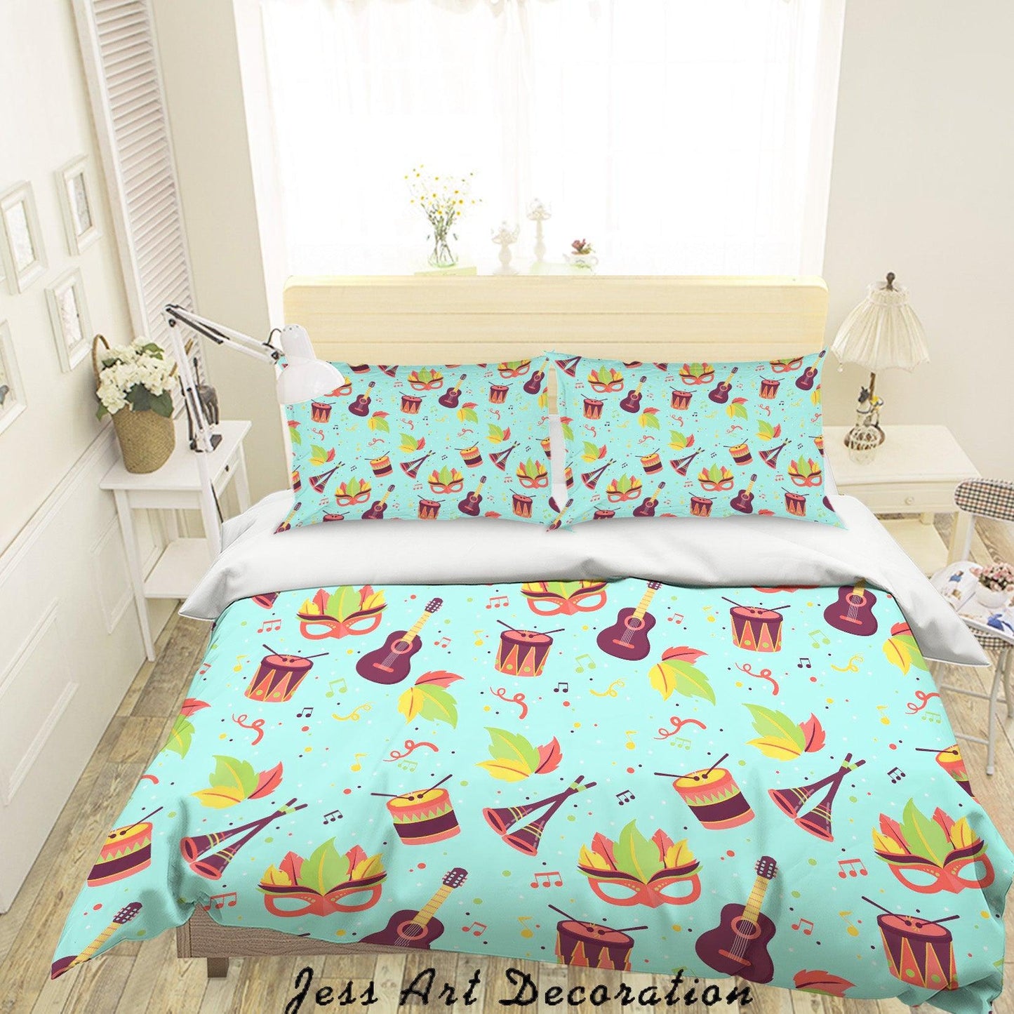 3D Cartoon Music Equipment Green Quilt Cover Set Bedding Set Pillowcases 13
