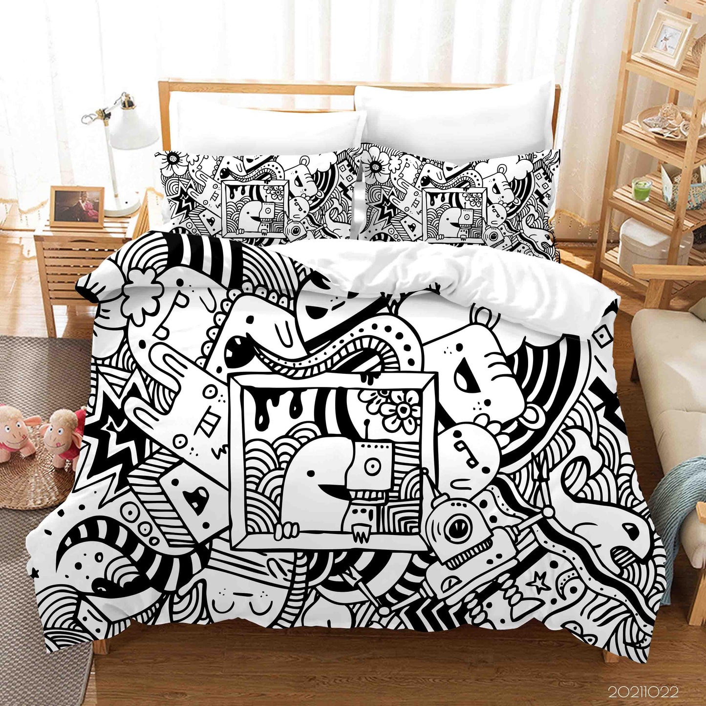 3D Cartoon Gray Monster Graffiti Quilt Cover Set Bedding Set Duvet Cover Pillowcases 95