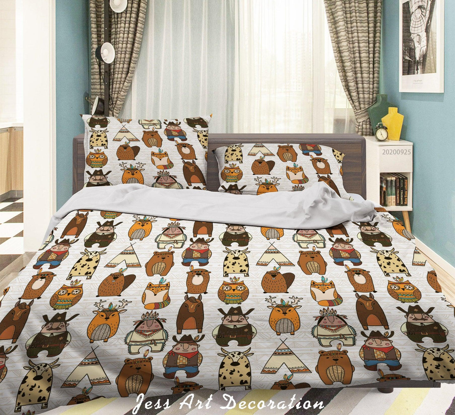 3D Cartoon Animal Indian Boy Bear Pattern Quilt Cover Set Bedding Set Duvet Cover Pillowcases WJ 6506