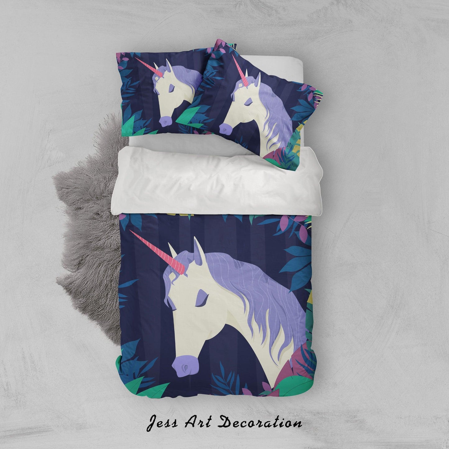 3D Blue Unicorn Leaves Quilt Cover Set Bedding Set Pillowcases 31