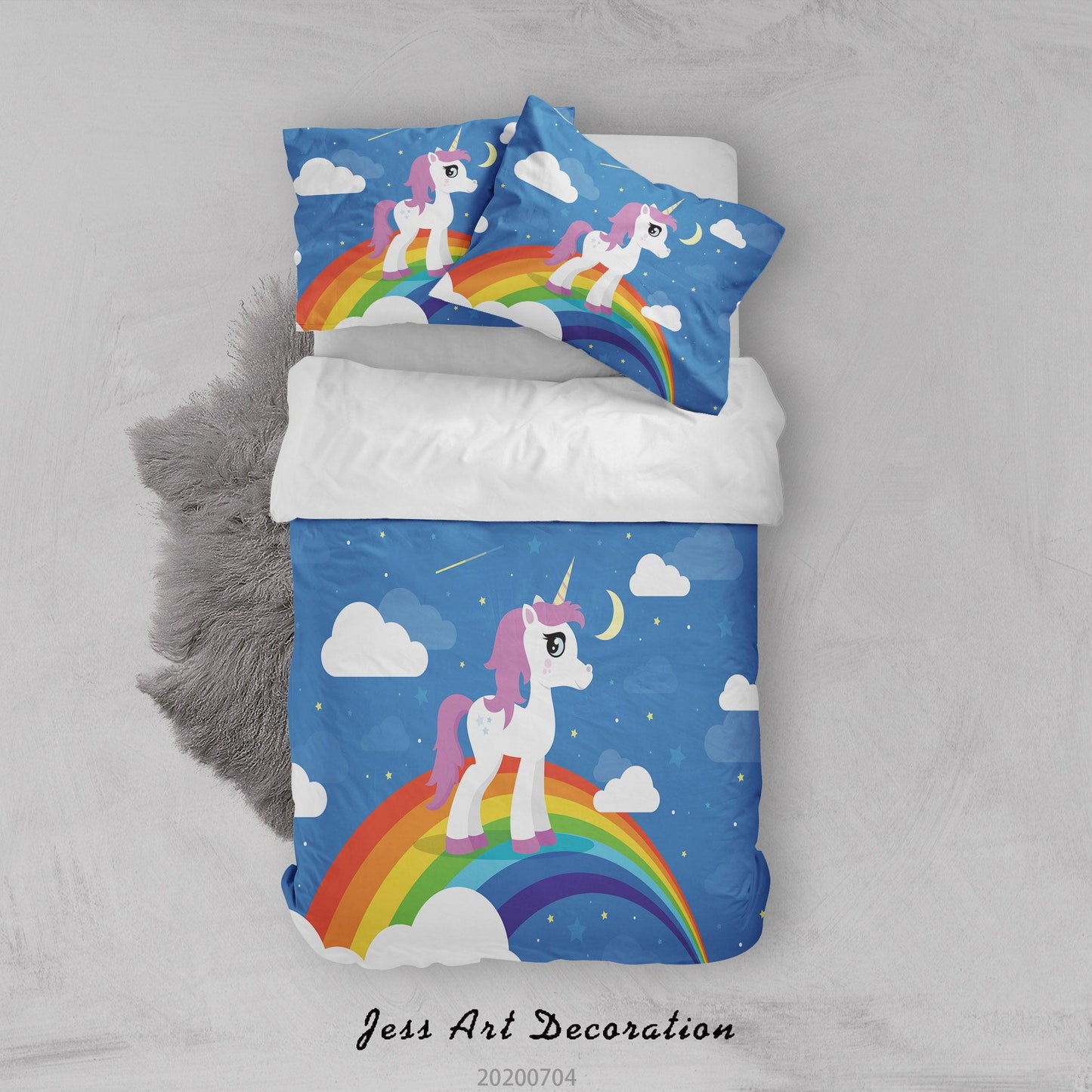 3D Blue Moon Stars Rainbow Unicorn Quilt Cover Set Bedding Set Duvet Cover Pillowcases SF60