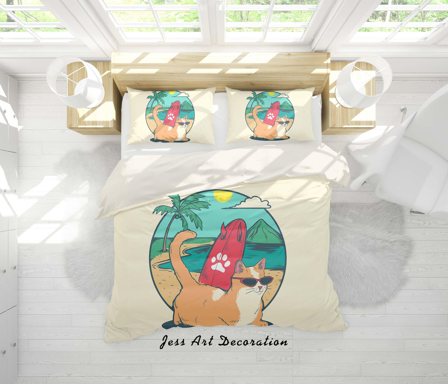 3D Beach Cat Glasses Quilt Cover Set Bedding Set Duvet Cover Pillowcases WJ 6810
