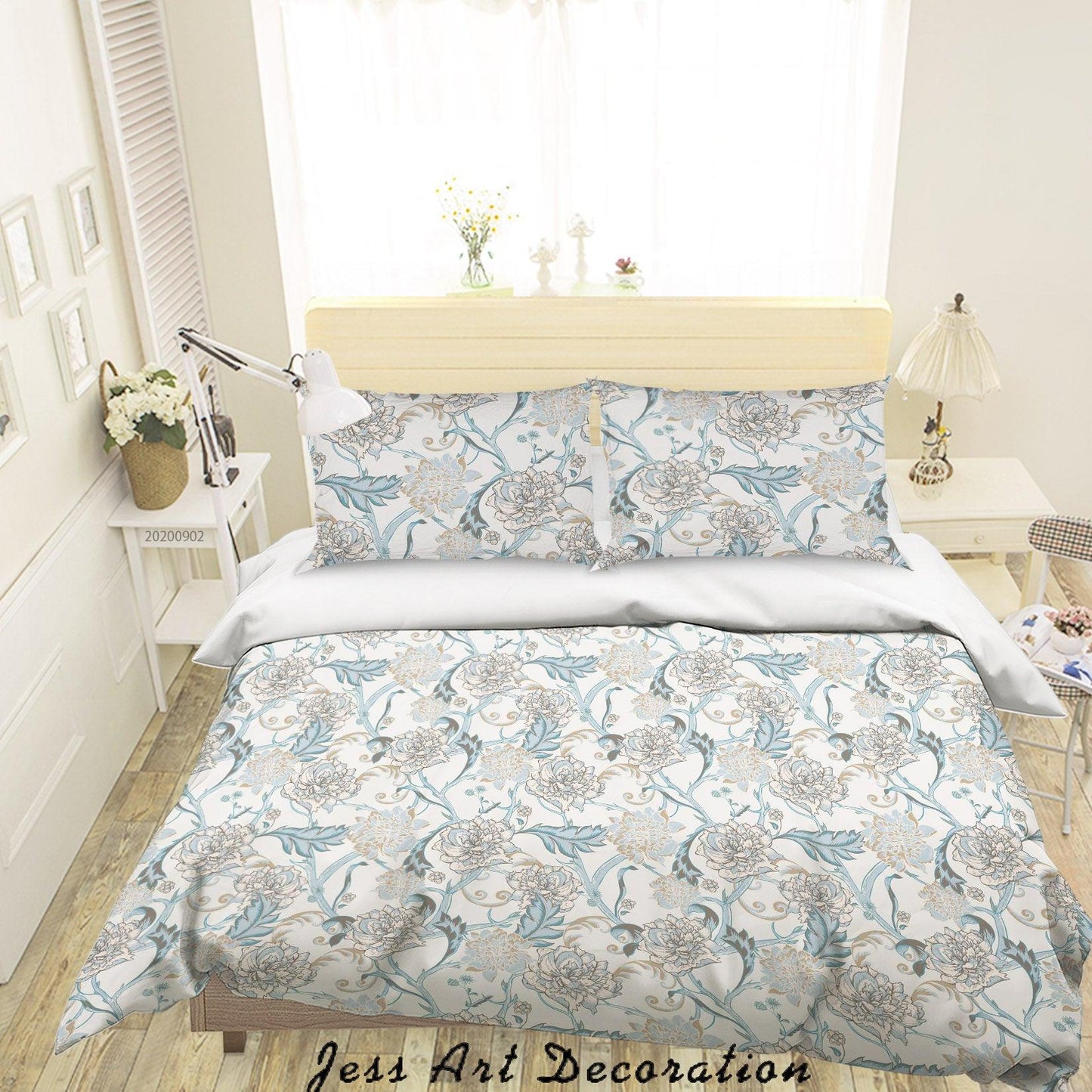 3D Blue Flowers Leaves Pattern Quilt Cover Set Bedding Set Duvet Cover Pillowcases WJ 1477