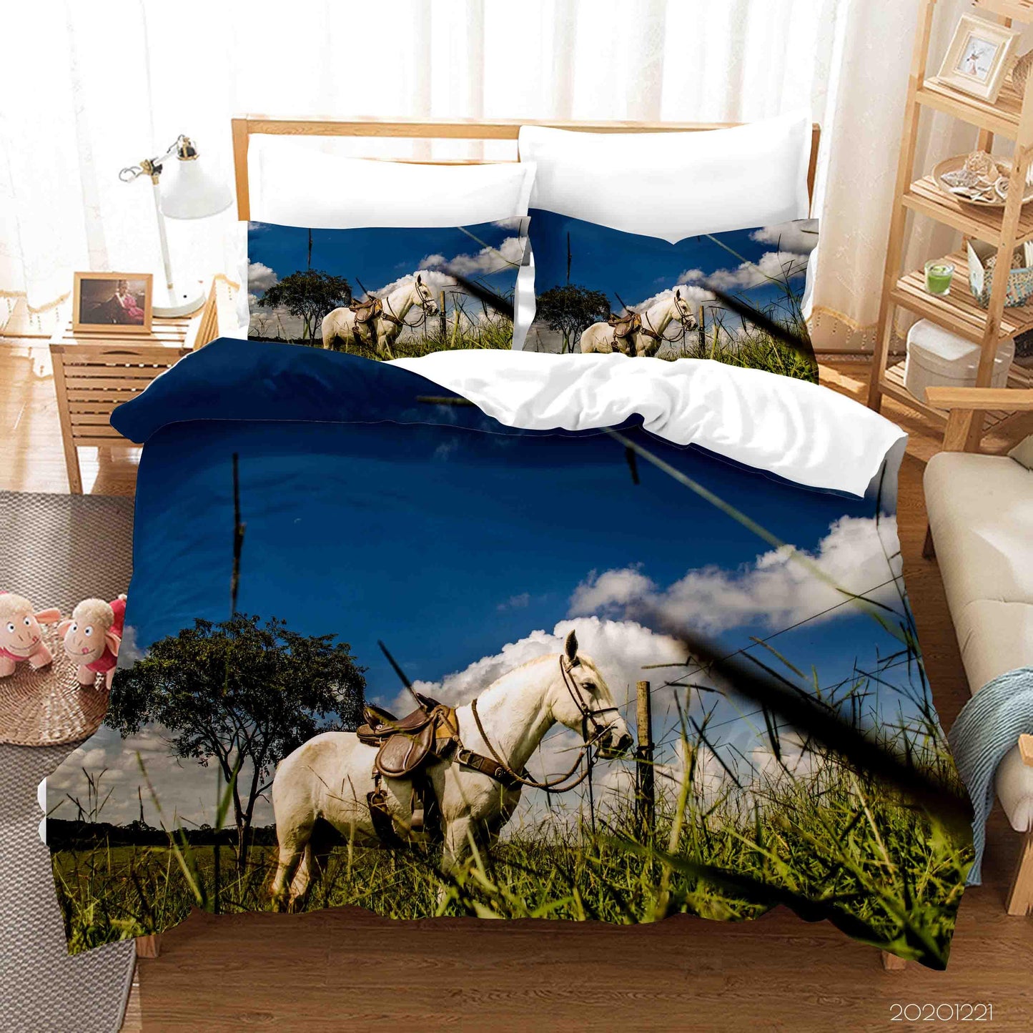 3D Blue Sky Lawn Horse Quilt Cover Set Bedding Set Duvet Cover Pillowcases 246 LQH