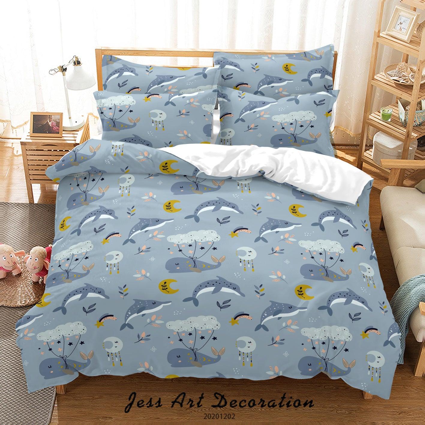 3D Abstract Cartoon Hand Drawn Blue Ocean Dolphin Whale Fish Moon Quilt Cover Set Bedding Set Duvet Cover Pillowcases LXL