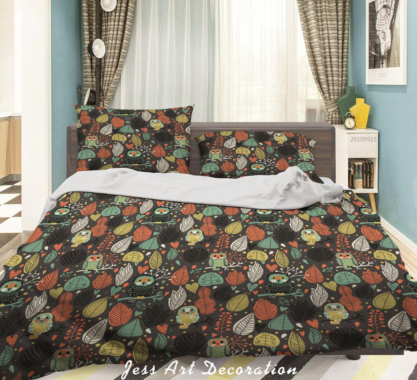 3D Cartoon Animal Owl Leaves Pattern Quilt Cover Set Bedding Set Duvet Cover Pillowcases WJ 6477
