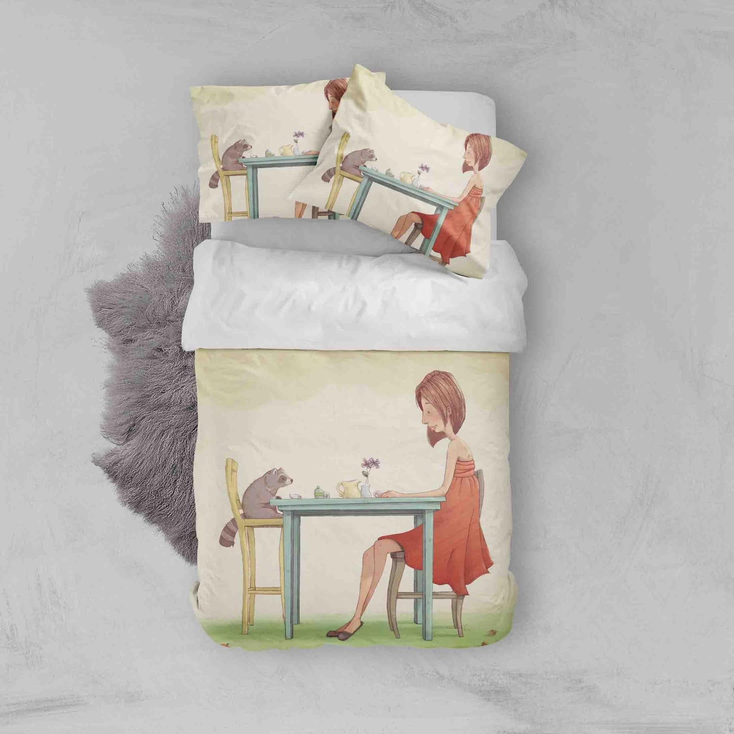 3D Cartoon Dining Table Beauty Raccoon Quilt Cover Set Bedding Set Duvet Cover Pillowcases SF056