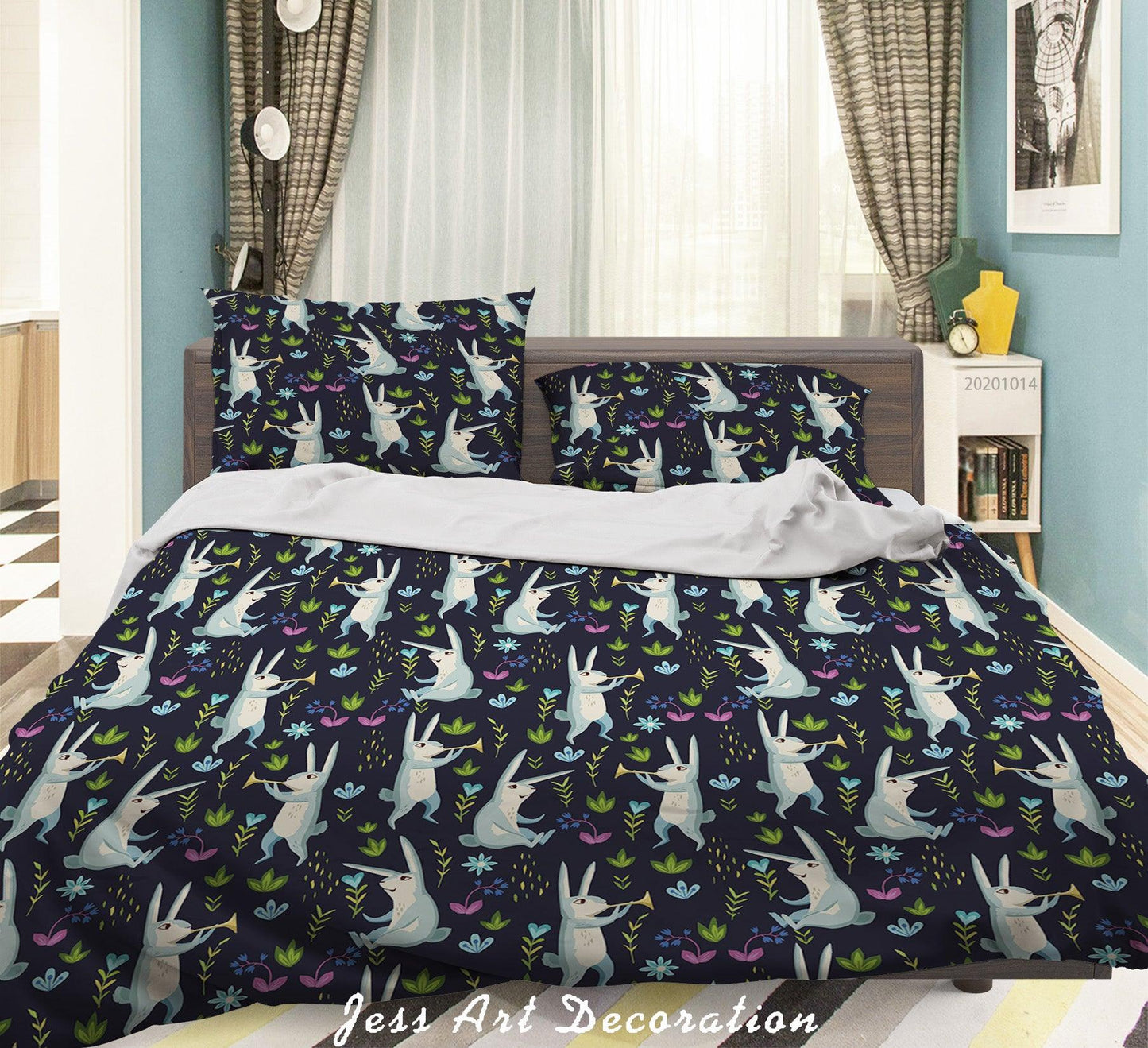 3D Cartoon Animal Rabbit Leaves Pattern Quilt Cover Set Bedding Set Duvet Cover Pillowcases WJ 9720