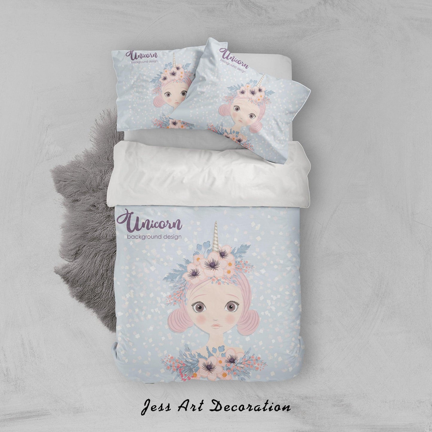 3D Blue Girl Unicorn Floral Quilt Cover Set Bedding Set Pillowcases 30