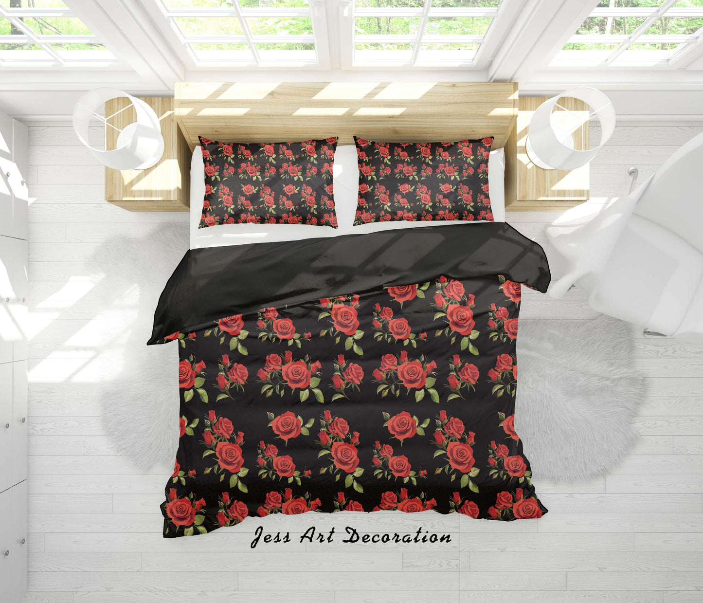 3D Black Red Rose Flowers Quilt Cover Set Bedding Set Duvet Cover Pillowcases SF97