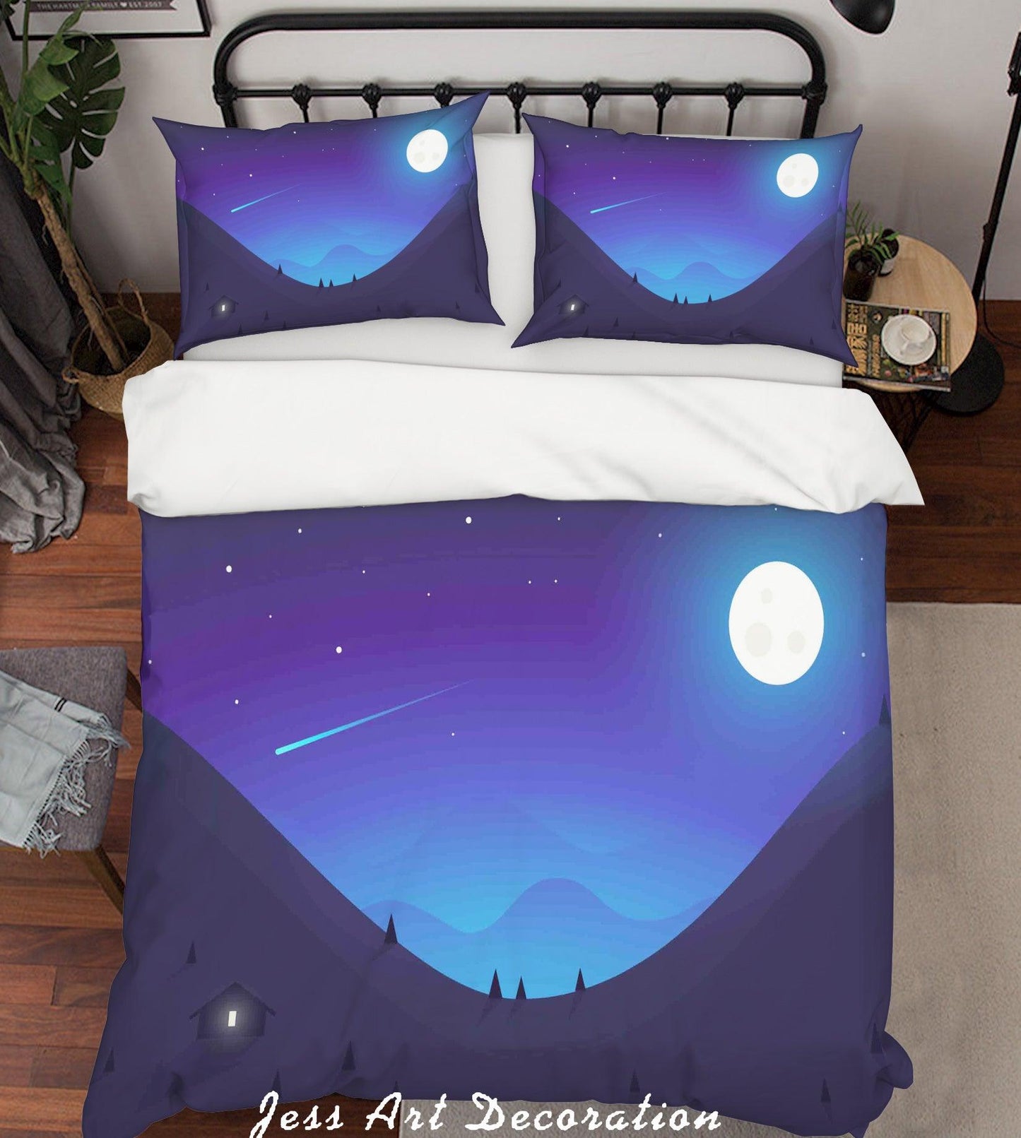 3D Blue Moon Star Meteor Mountains Night Quilt Cover Set Bedding Set Pillowcases 02