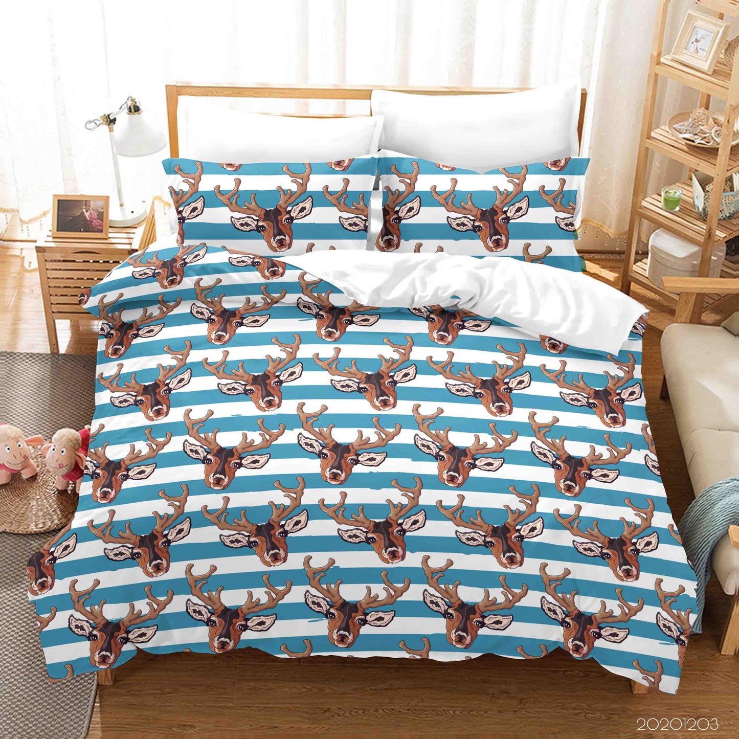 3D Cartoon Hand Drawn Buck Animal Blue Stripe Pattern Quilt Cover Set Bedding Set Duvet Cover Pillowcases LXL
