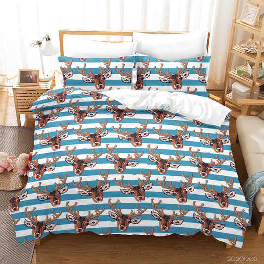 3D Cartoon Hand Drawn Buck Animal Blue Stripe Pattern Quilt Cover Set Bedding Set Duvet Cover Pillowcases LXL
