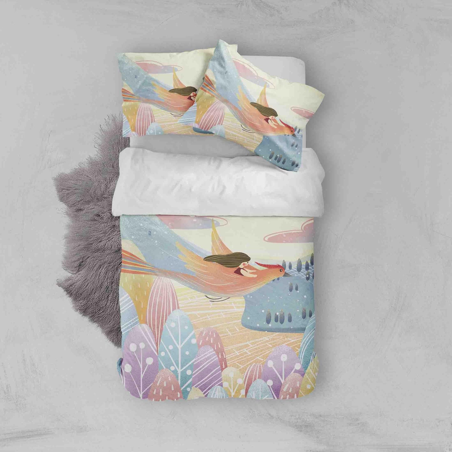 3D Cartoon Bird Girl Trees Leaves Quilt Cover Set Bedding Set Pillowcases 71