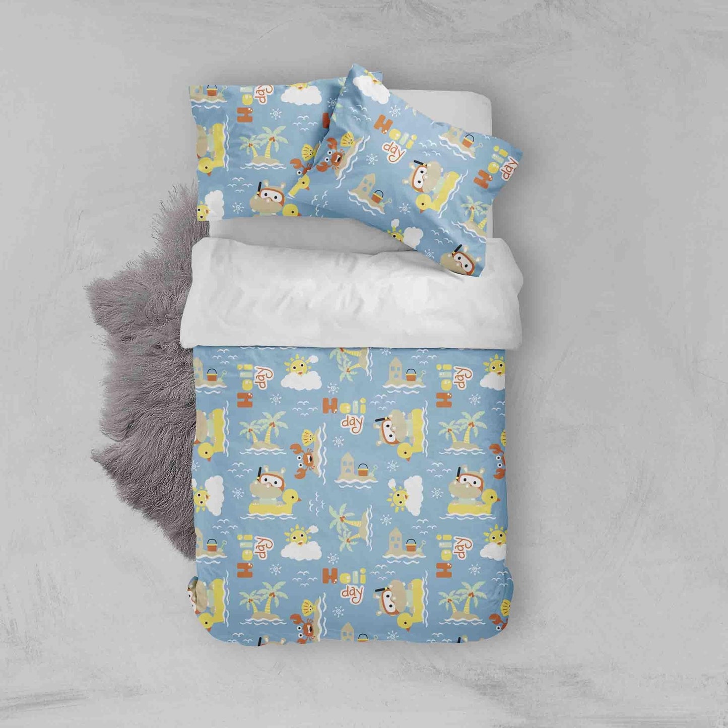 3D Blue Crab Duck Dog Palm Tree Cartoon Quilt Cover Set Bedding Set Pillowcases 03