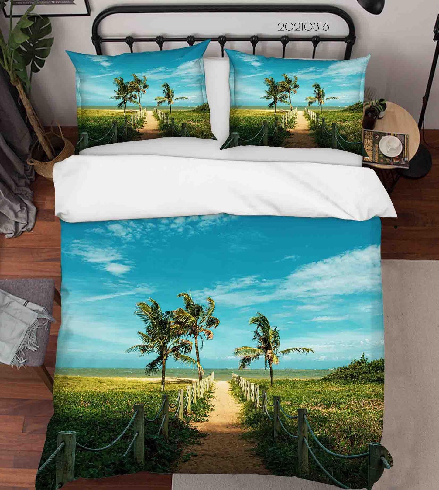 3D Blue Sky Cloud Coconut Tree Landscape Quilt Cover Set Bedding Set Duvet Cover Pillowcases 175