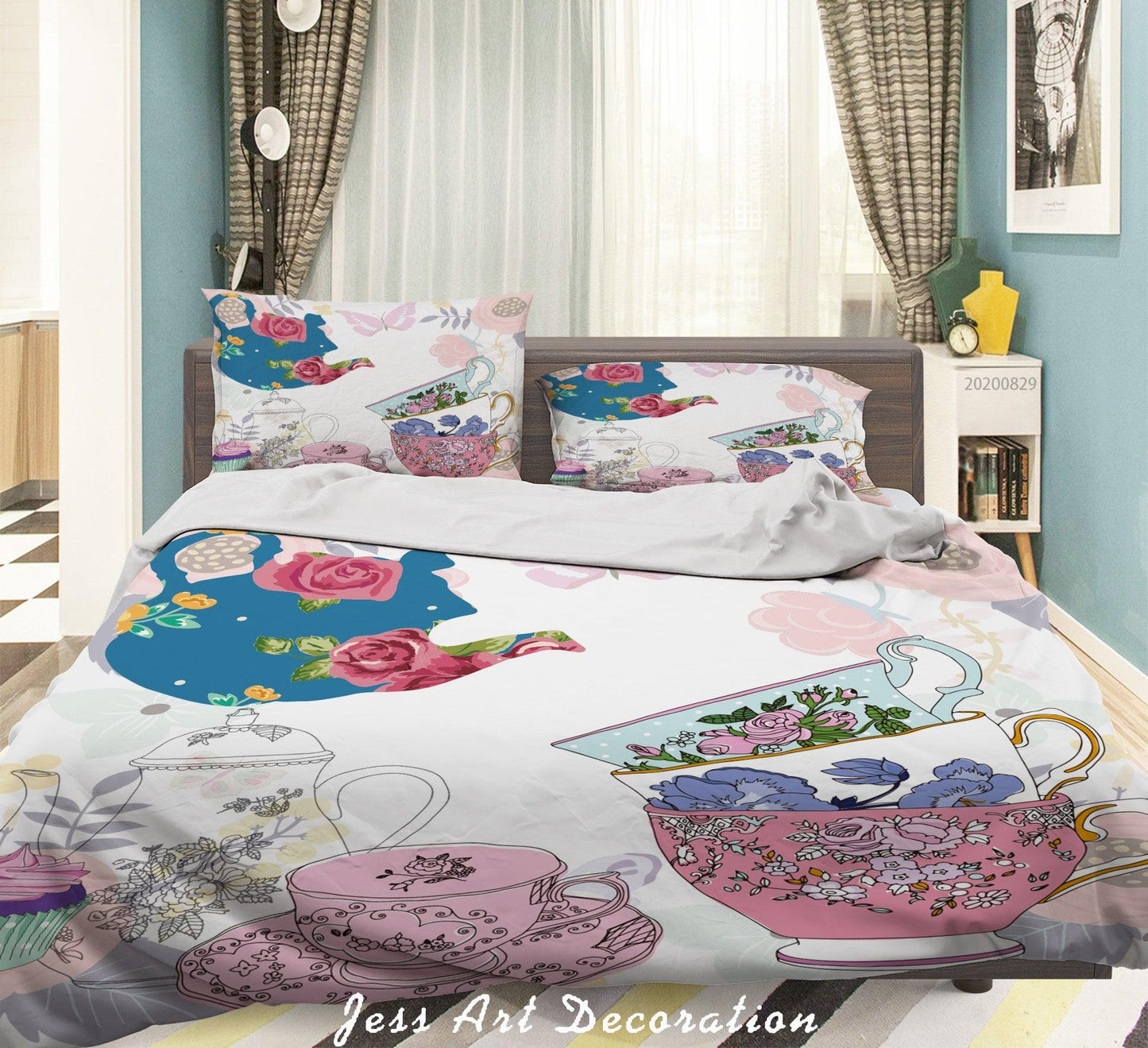 3D Abstract Hand Draw Cartoon Teapot Teacup Pattern Quilt Cover Set Bedding Set Duvet Cover Pillowcases WJ 3584