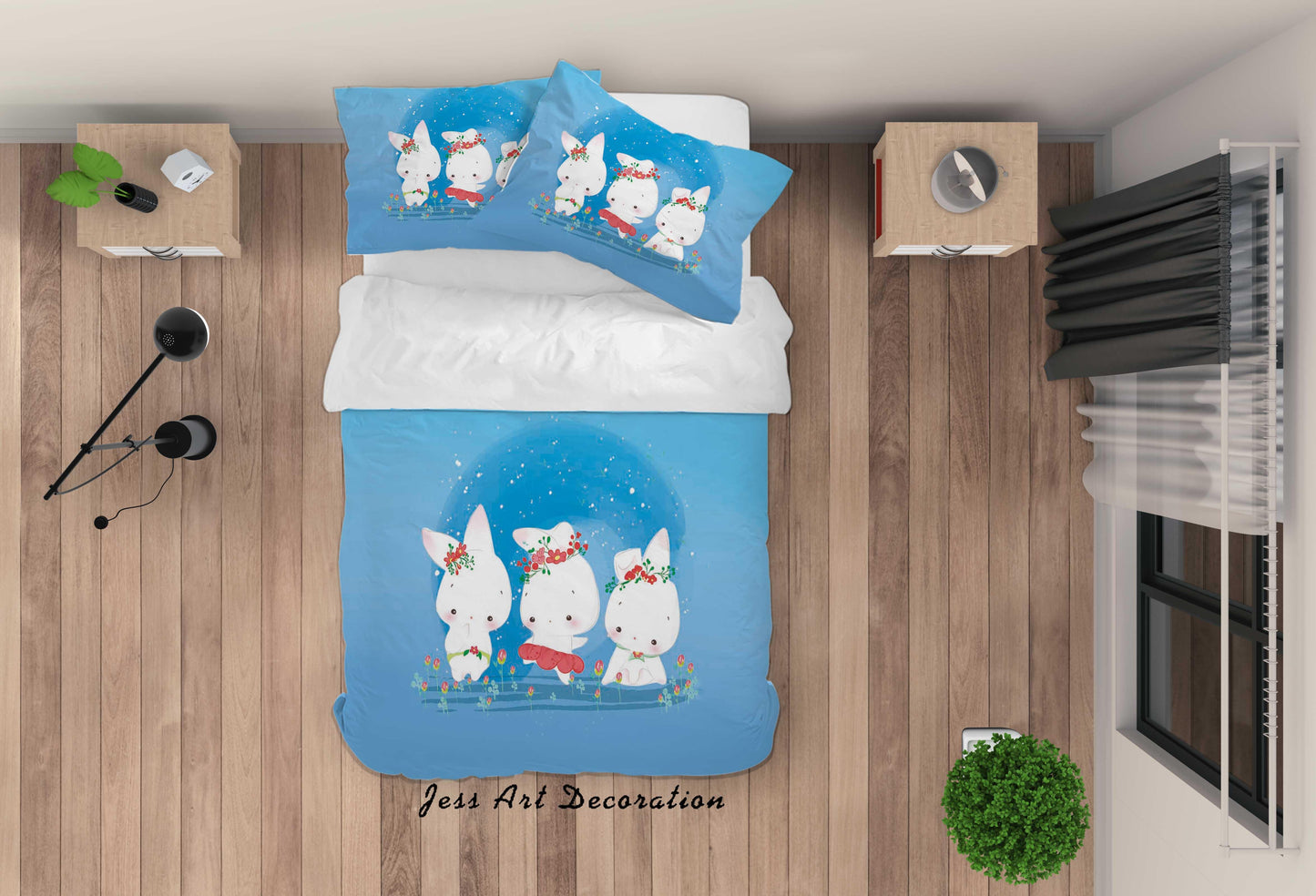 3D Blue Rabbit Floral Quilt Cover Set Bedding Set Duvet Cover Pillowcases SF94