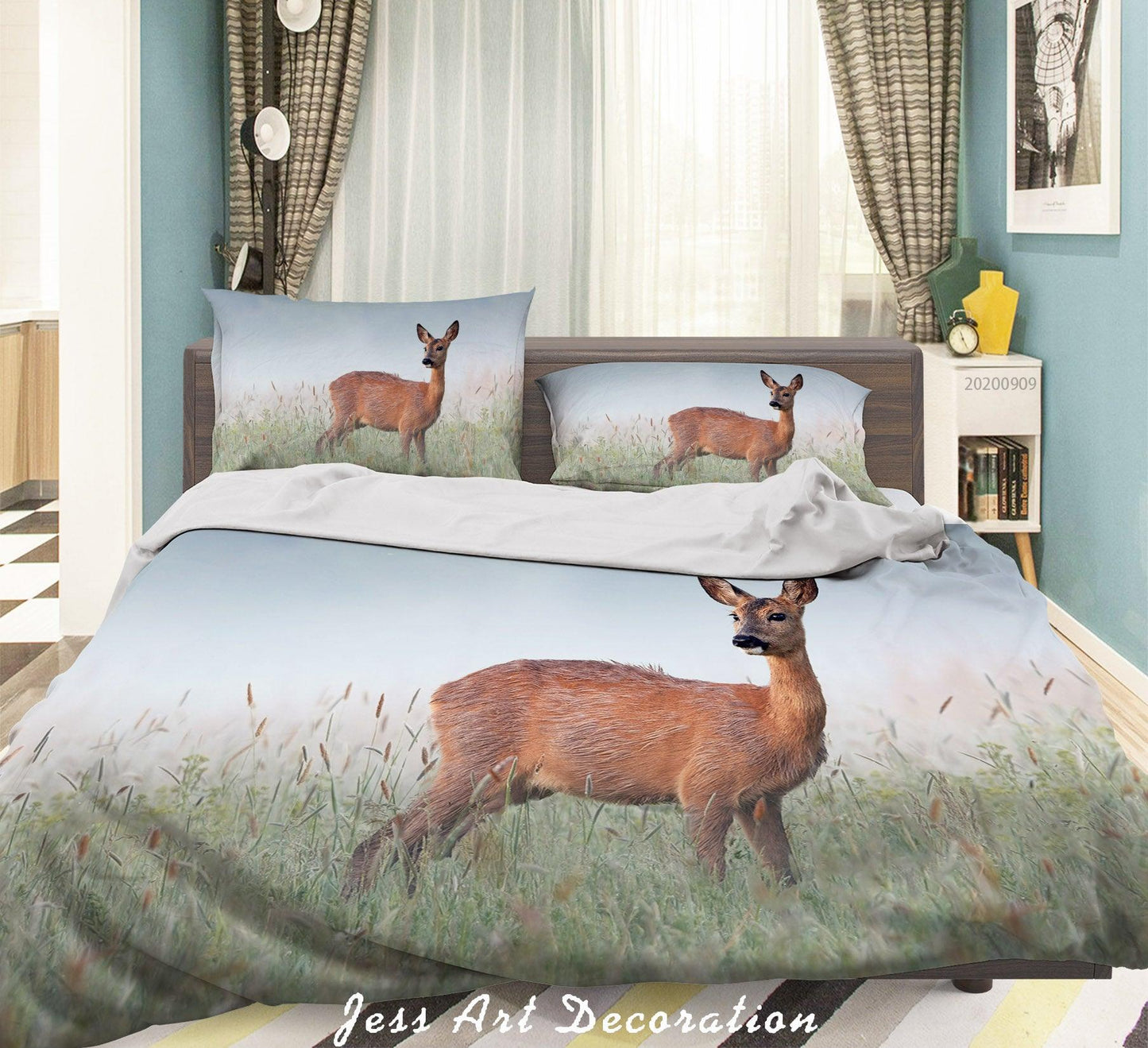 3D Beautiful Deer Green Meadow Quilt Cover Set Bedding Set Duvet Cover Pillowcases WJ 1907