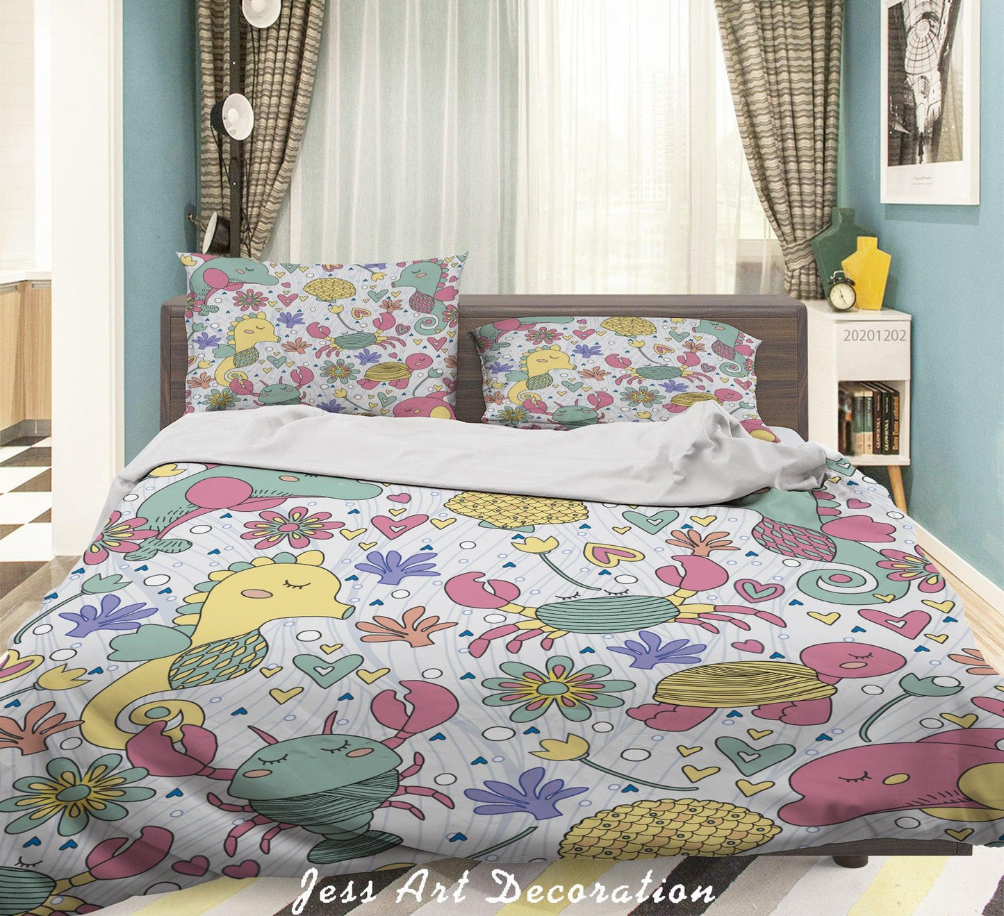 3D Cartoon Hand Drawn Colorful Floral Ocean Hippocampus Fish Quilt Cover Set Bedding Set Duvet Cover Pillowcases LXL