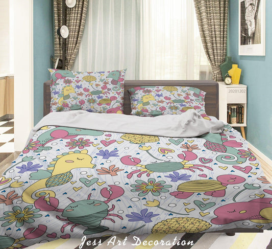 3D Cartoon Hand Drawn Colorful Floral Ocean Hippocampus Fish Quilt Cover Set Bedding Set Duvet Cover Pillowcases LXL