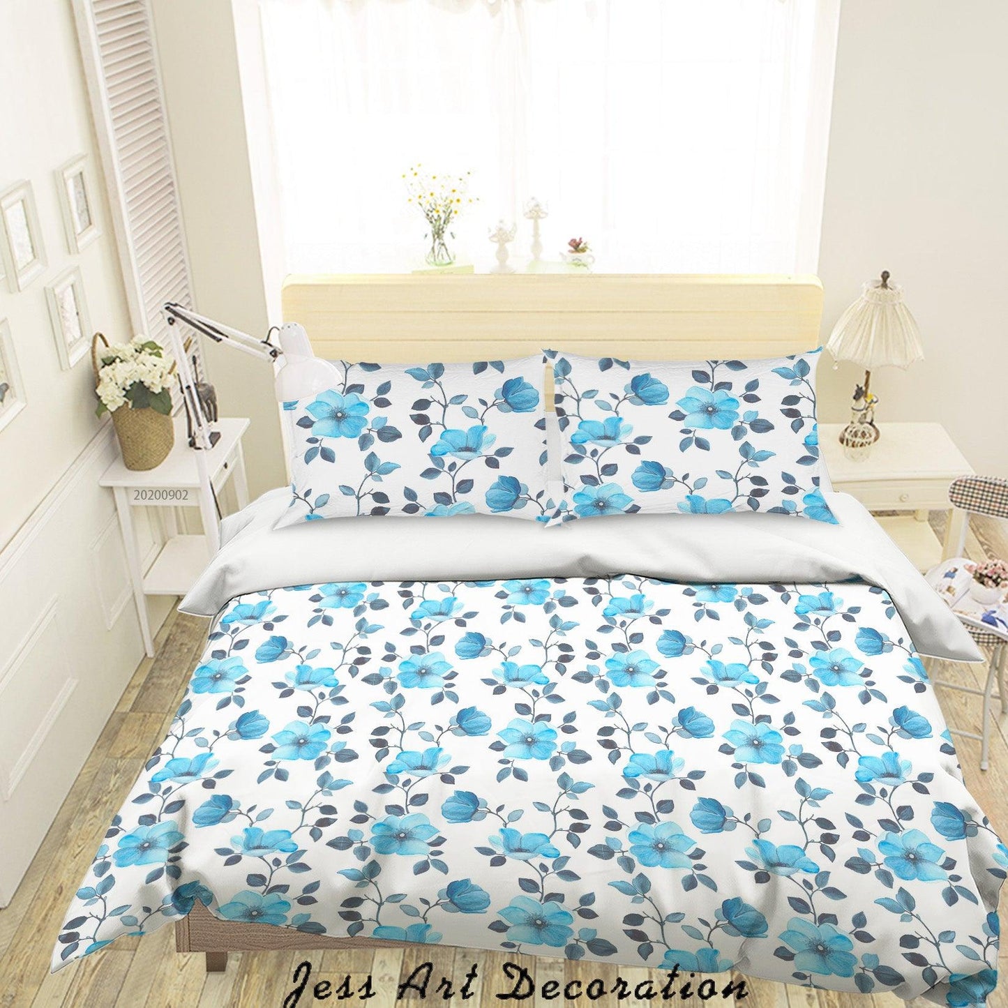 3D Blue FLowers Leaves Pattern Quilt Cover Set Bedding Set Duvet Cover Pillowcases WJ 1426