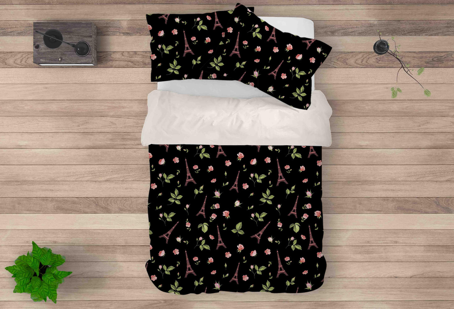 3D Black Eiffel Tower Floral Quilt Cover Set Bedding Set Pillowcases 60