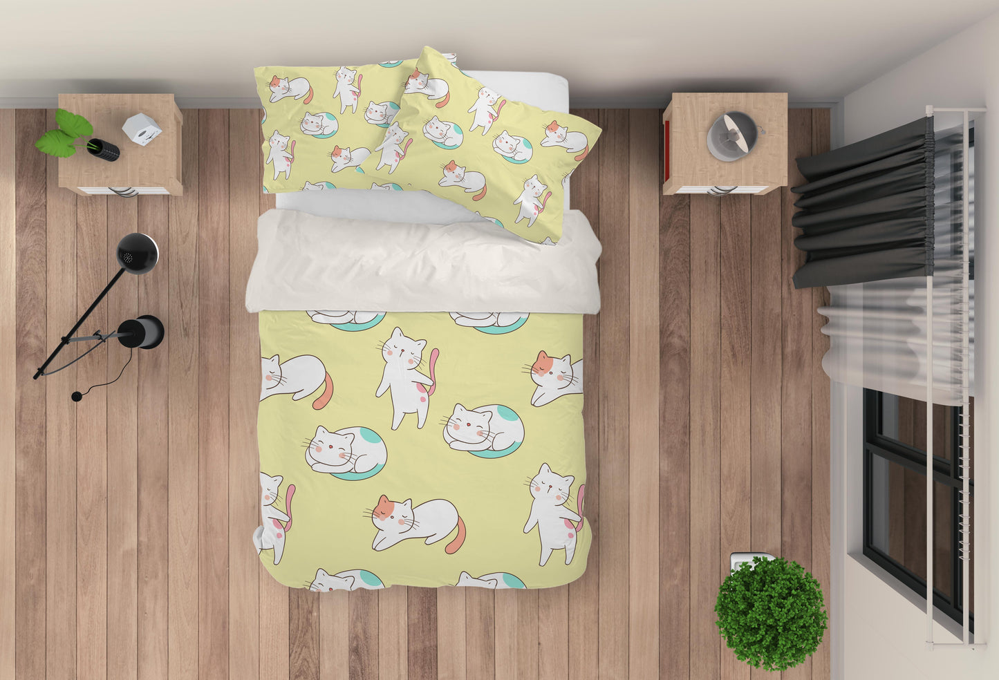 3D Cartoon Cat Yellow Quilt Cover Set Bedding Set Pillowcases 41
