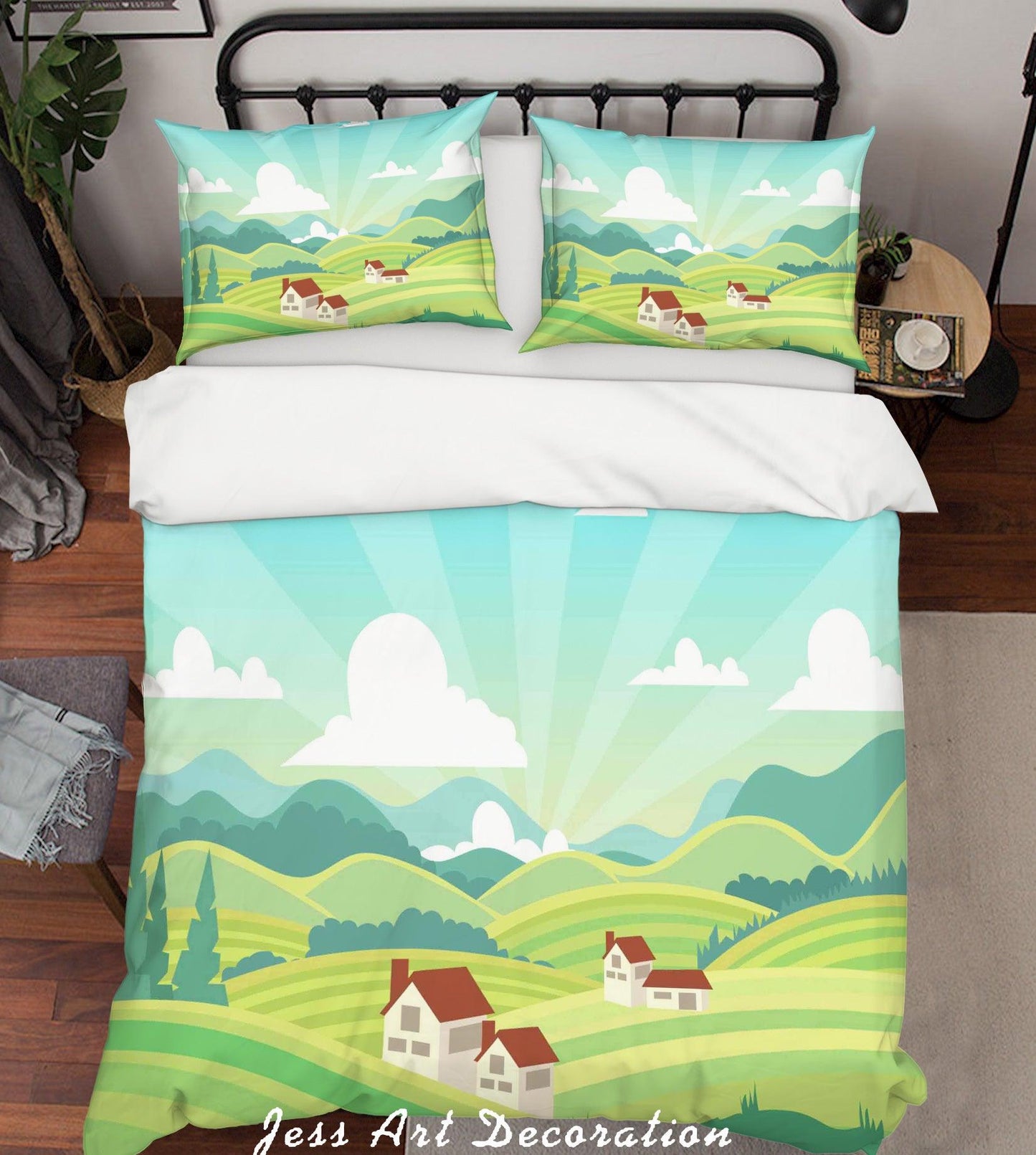 3D Blue Green Mountains House Trees Quilt Cover Set Bedding Set Pillowcases 05