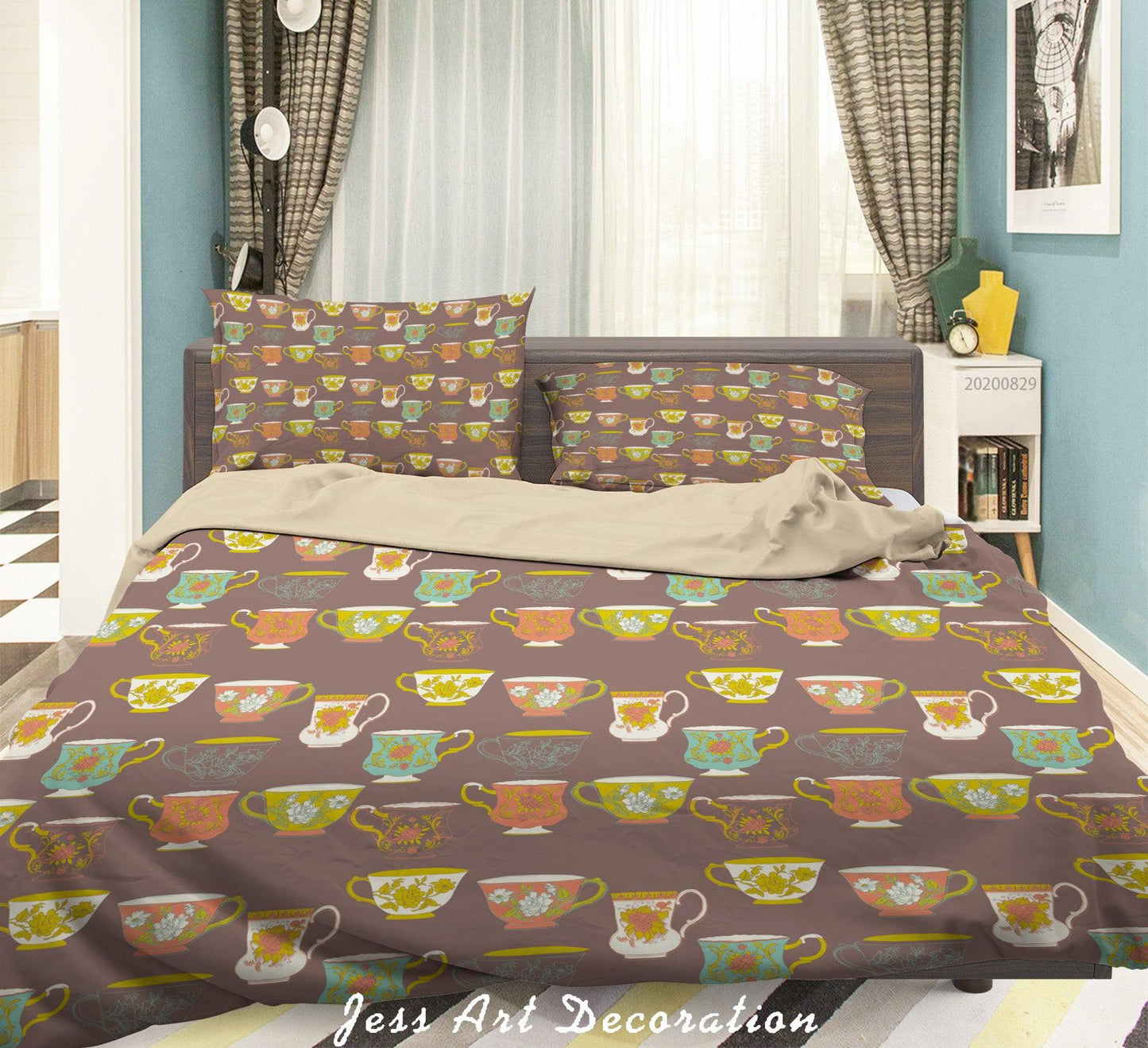 3D Abstract Hand Draw Cartoon Teacup Pattern Quilt Cover Set Bedding Set Duvet Cover Pillowcases WJ 3557