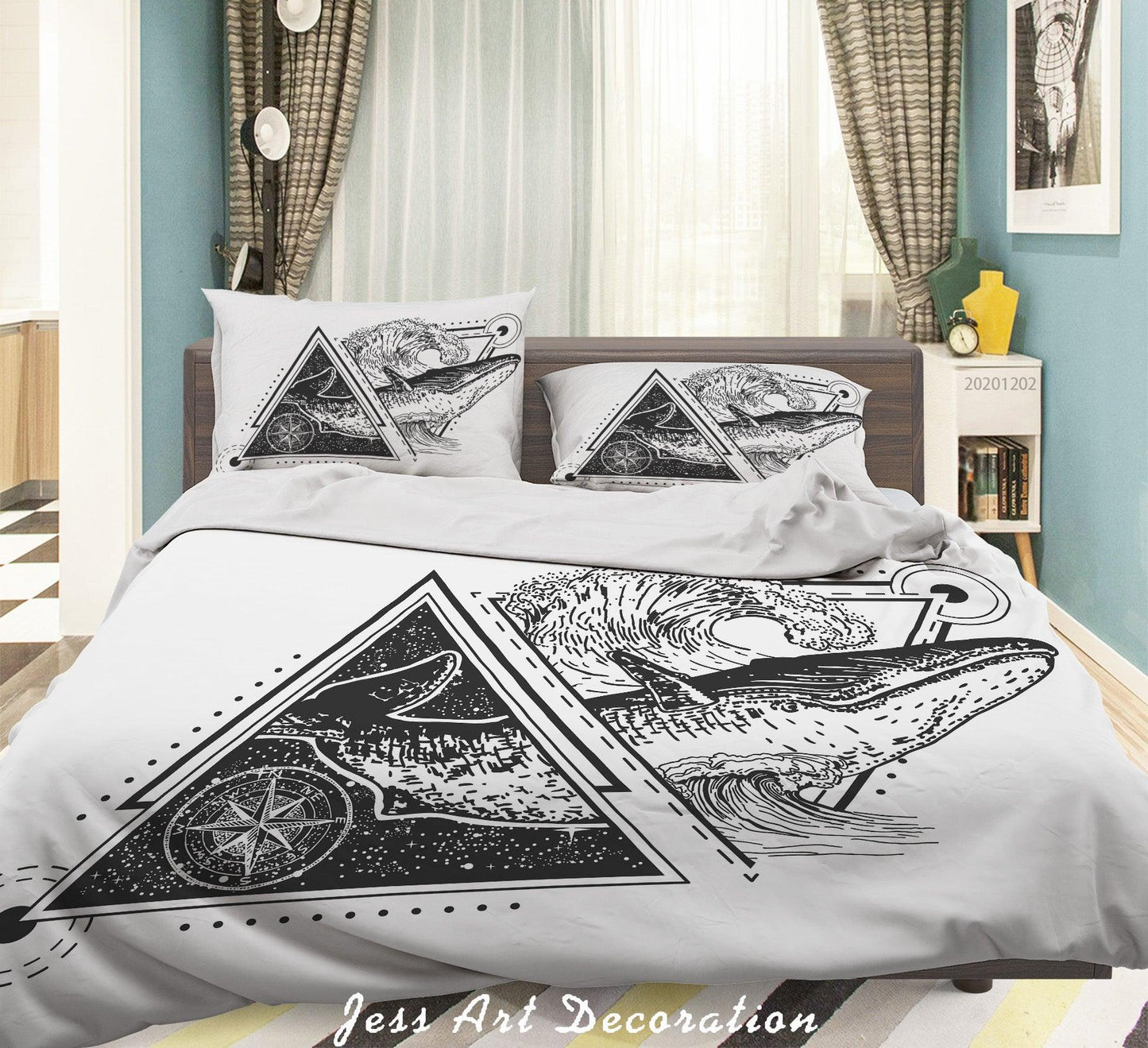 3D Abstarct Vintage Hand Drawn Whale Fish Geometric Triangle Round Star Quilt Cover Set Bedding Set Duvet Cover Pillowcases LXL