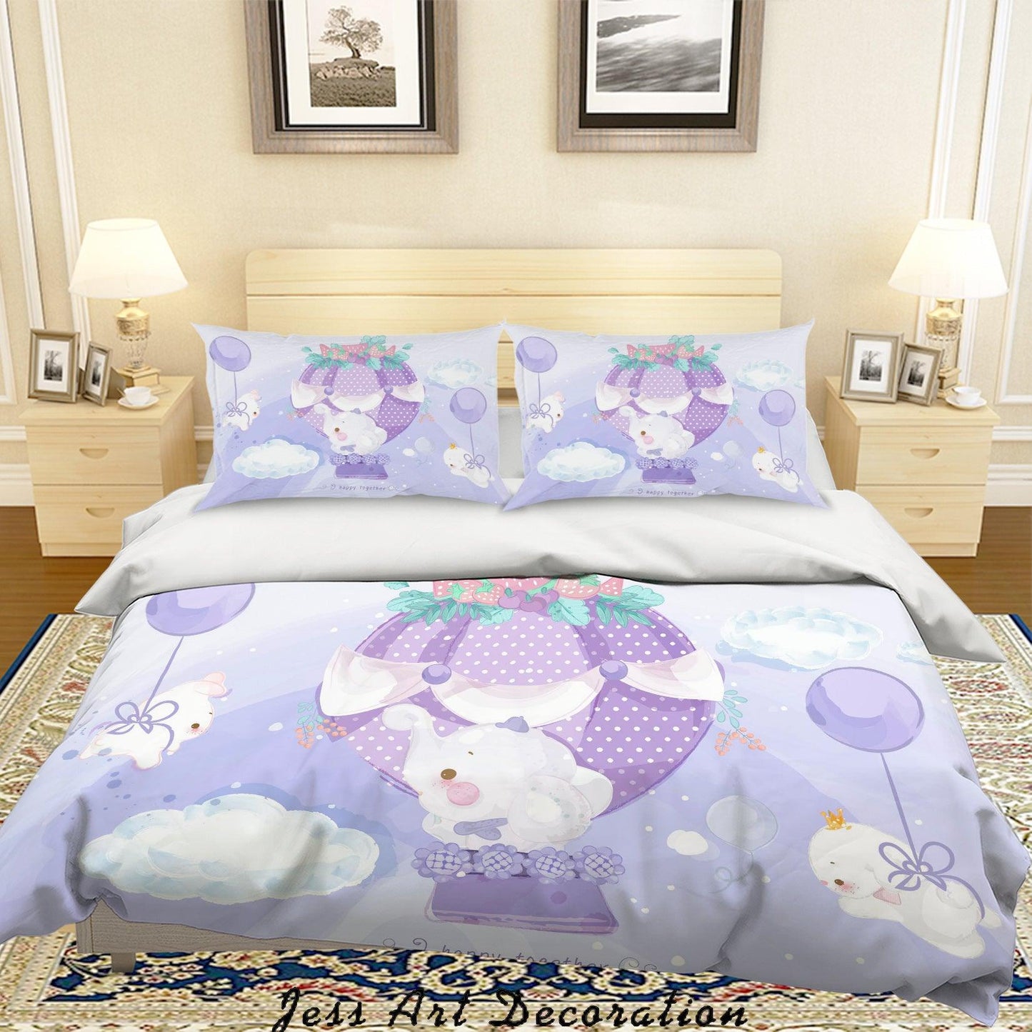 3D Cartoon Purple Animal Hot Air Balloon Quilt Cover Set Bedding Set Duvet Cover Pillowcases A335 LQH
