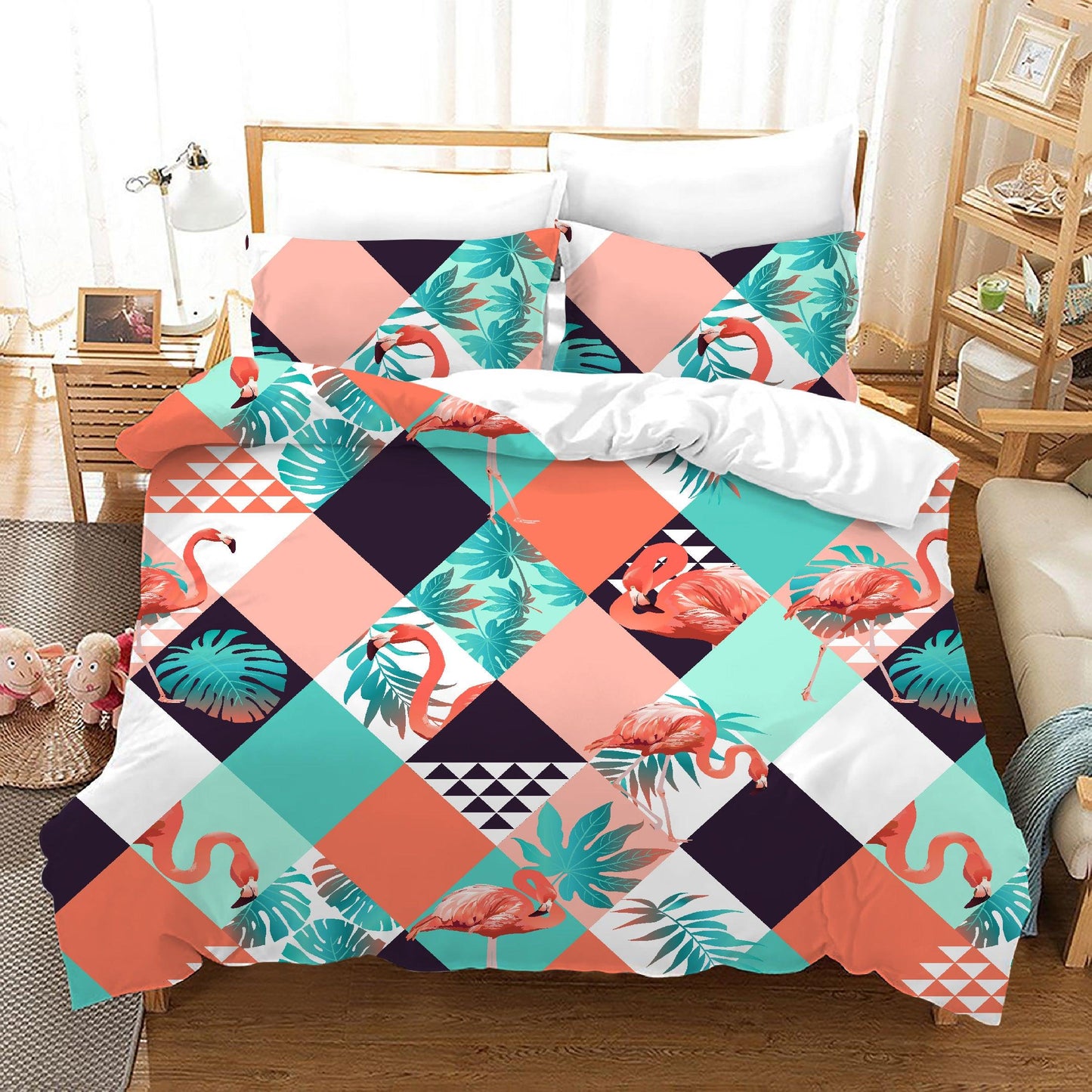 3D Abstract Colorful Geometric Flamingo Quilt Cover Set Bedding Set Duvet Cover Pillowcases 152
