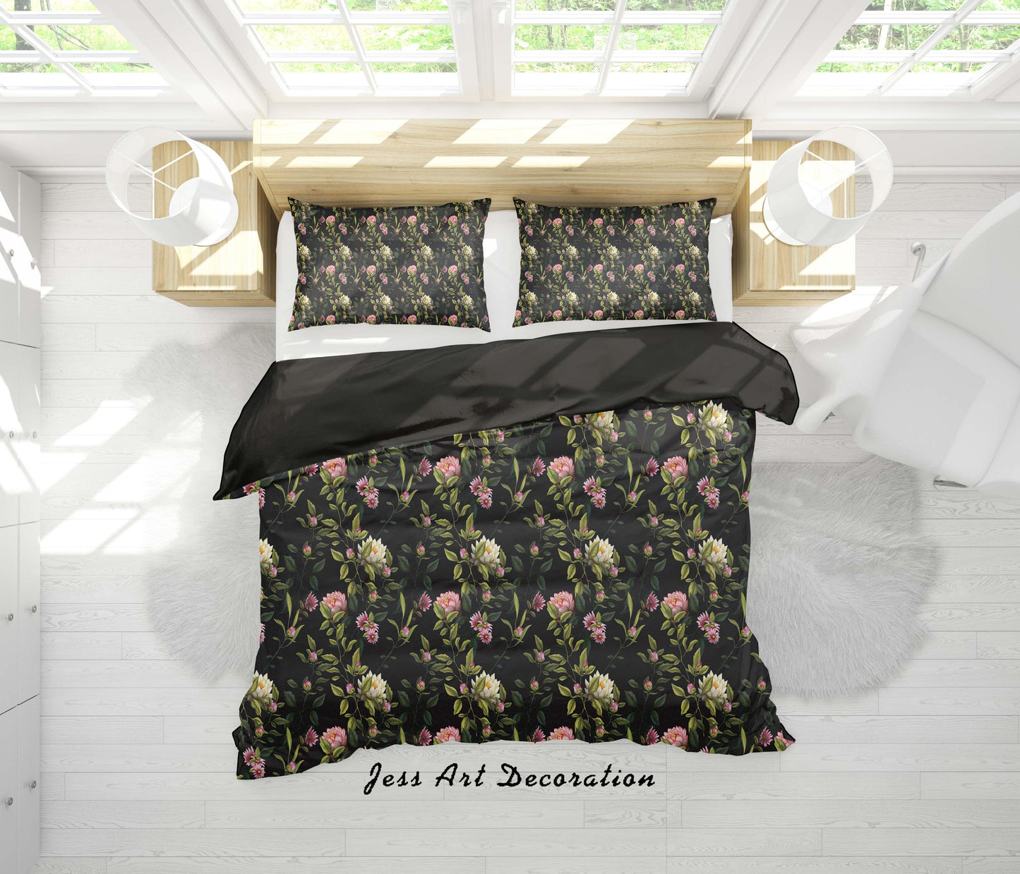 3D Black Flowers Quilt Cover Set Bedding Set Duvet Cover Pillowcases SF112