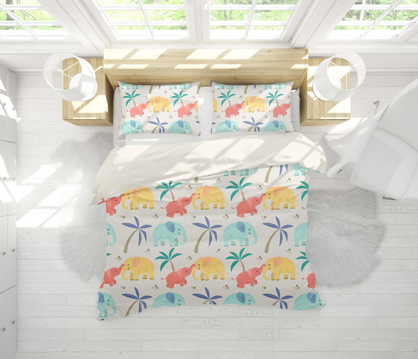 3D Cartoon Colorful Elephant Plant Quilt Cover Set Bedding Set Duvet Cover Pillowcases LXL