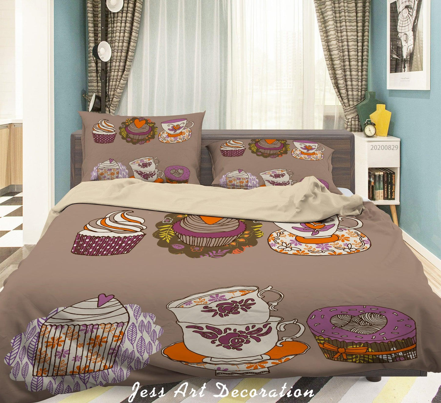 3D Abstract Hand Draw Cartoon Cake Teacup Pattern Quilt Cover Set Bedding Set Duvet Cover Pillowcases WJ 3554