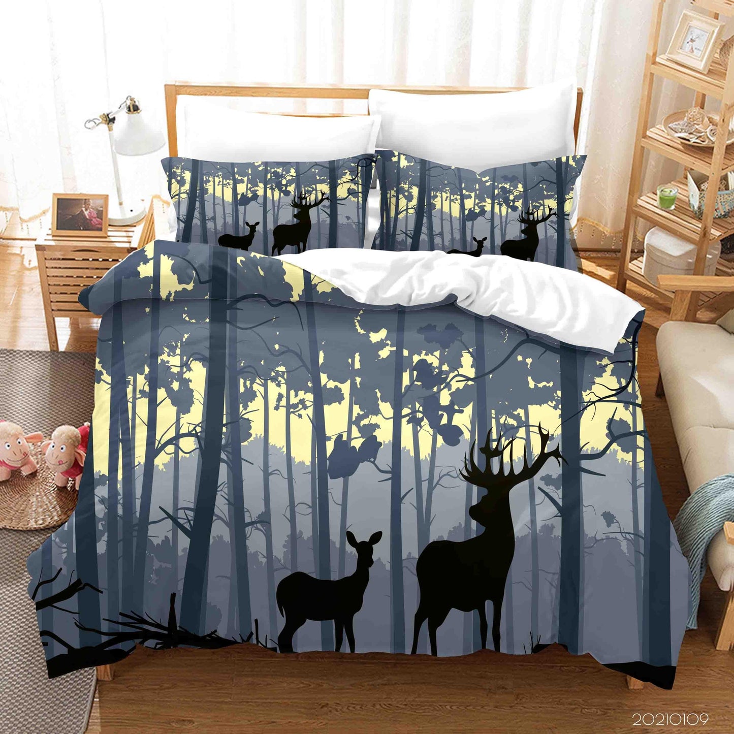 3D Cartoon Green Forest Animal Elk Quilt Cover Set Bedding Set Duvet Cover Pillowcases 49 LQH