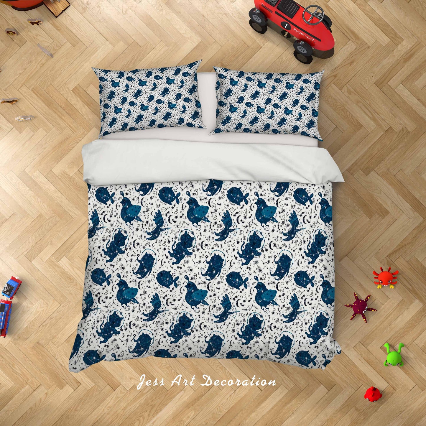 3D Blue Cartoon Birds Fish Cat Moon Star Space Quilt Cover Set Bedding Set Duvet Cover Pillowcases SF06