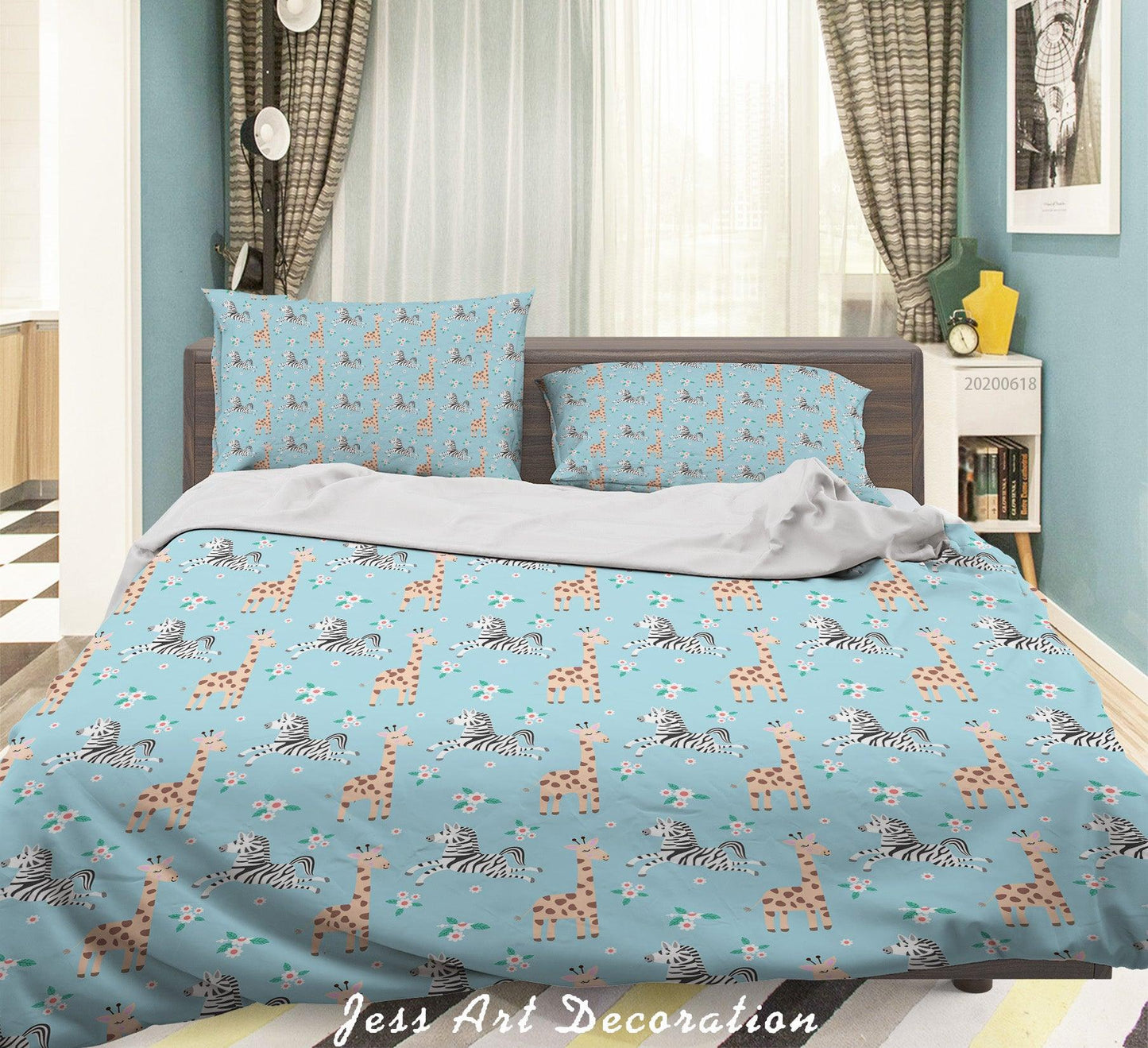 3D Blue Giraffe Zebra Floral Quilt Cover Set Bedding Set Duvet Cover Pillowcases SF49