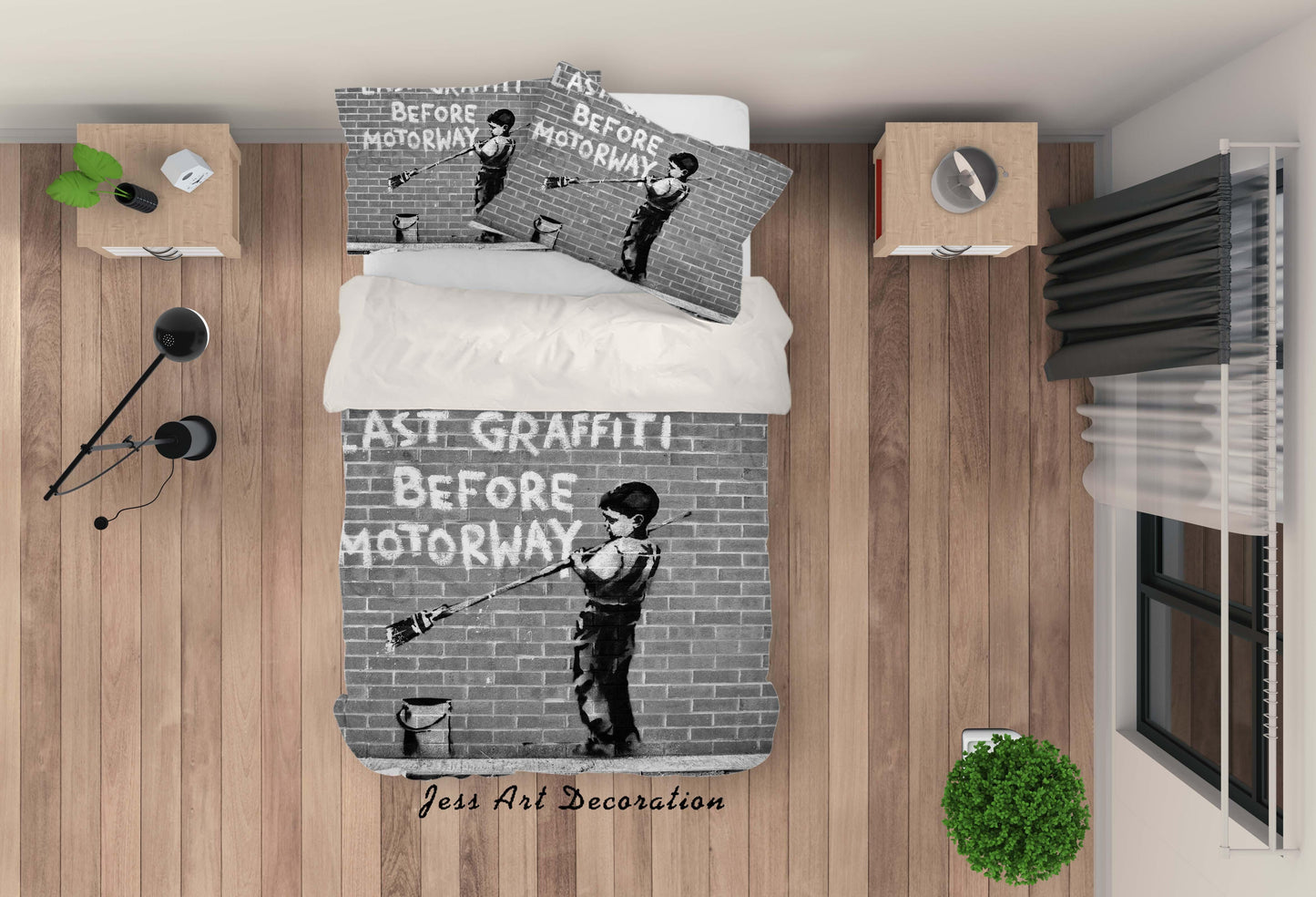 3D Banksy Mural Gray Brick Wall Letter Boy Quilt Cover Set Bedding Set Duvet Cover Pillowcases  ZY D126