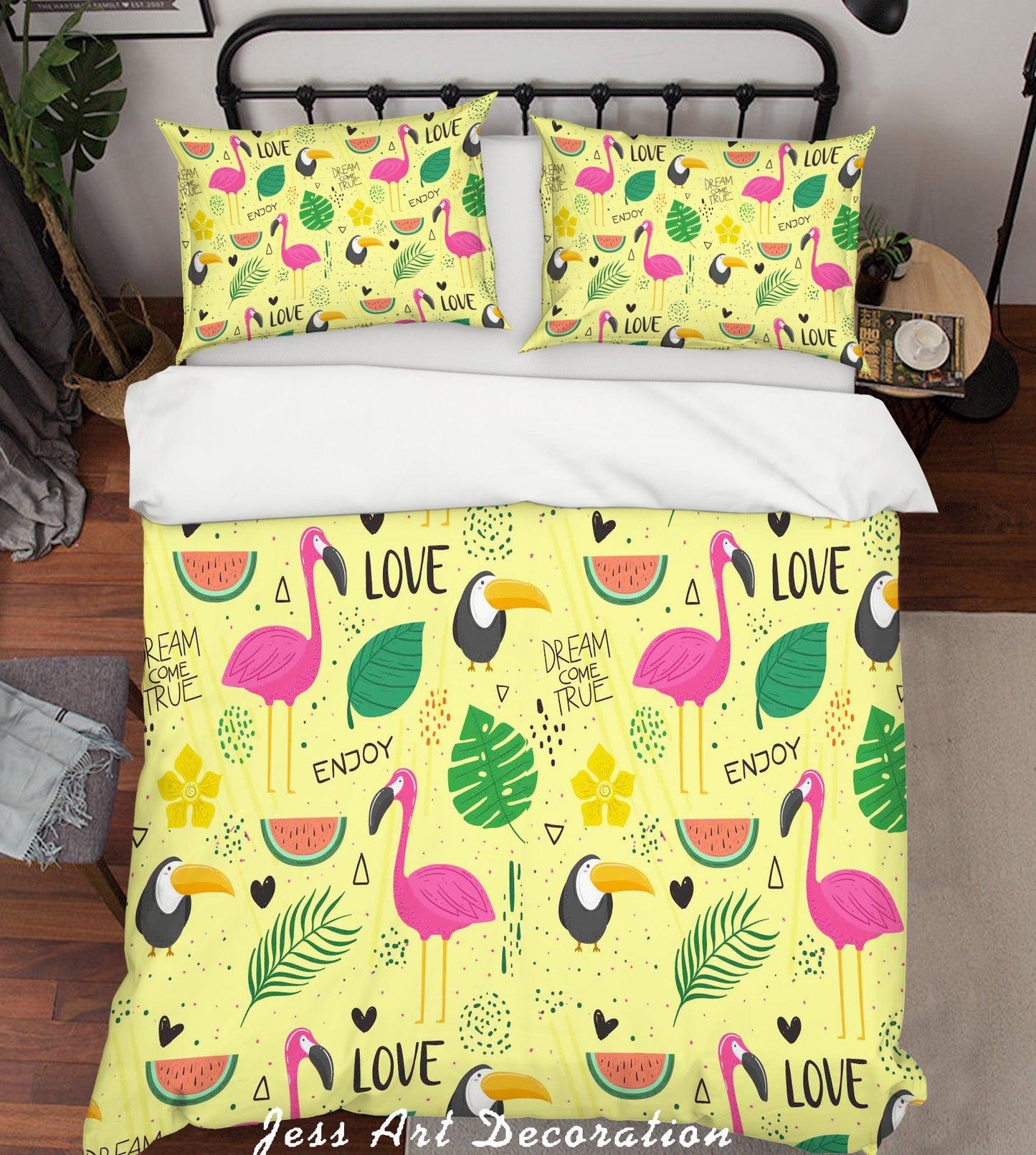 3D Cartoon Flamingo Watermelon Yellow Quilt Cover Set Bedding Set Pillowcases 4
