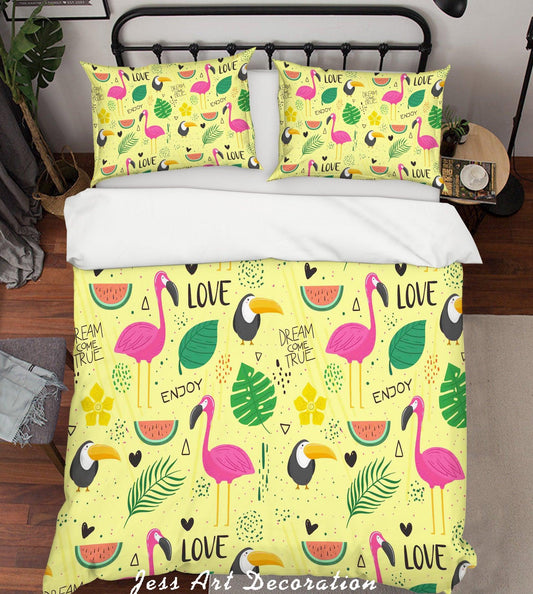 3D Cartoon Flamingo Watermelon Yellow Quilt Cover Set Bedding Set Pillowcases 4